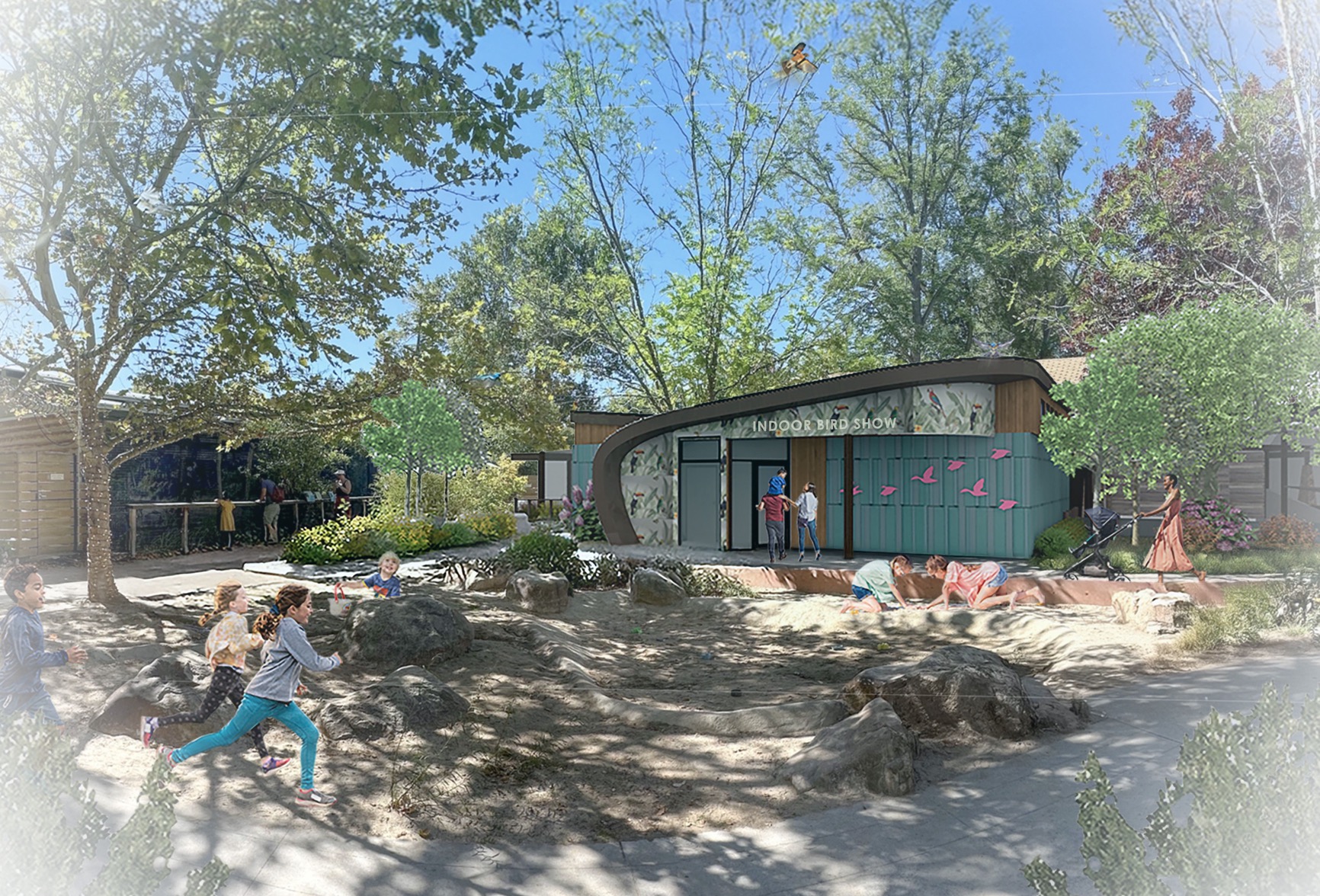 A conceptual rendering of the proposed new garden pavilion at Tracy Aviary in Salt Lake City. The new facility won approval from the city's Historic Landmark Commission, which also approved the relocation of a historic building it would replace at the center of the facility.