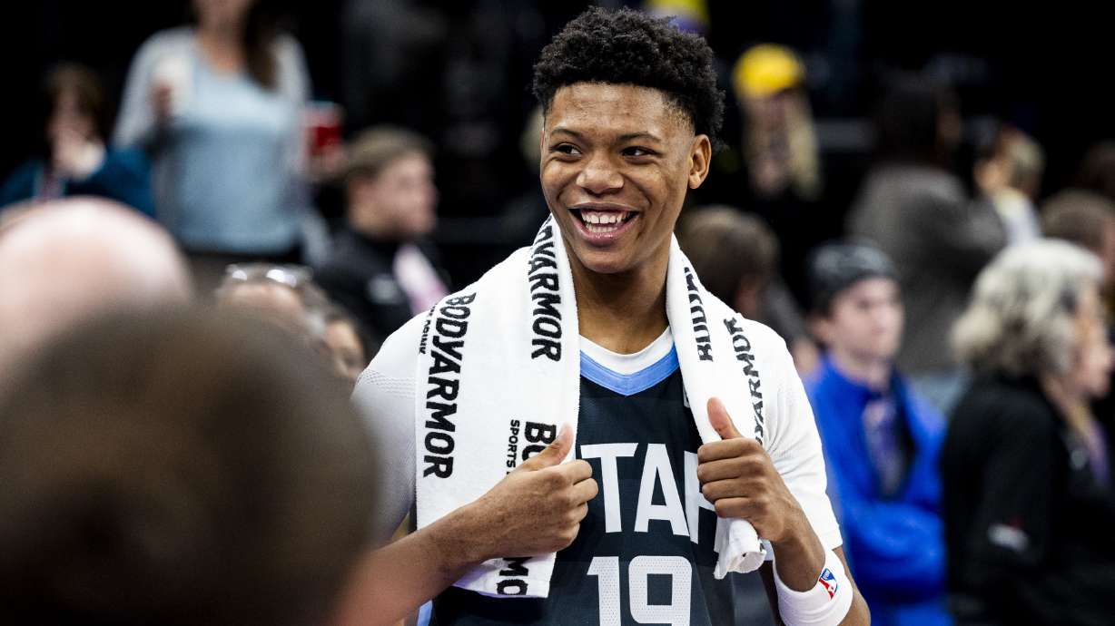 Utah Jazz forward Ace Bailey (19) smiles before being interviewed after the Jazz defeated the Indiana Pacers during an NBA game held at the Delta Center in Salt Lake City on Tuesday, Nov. 11, 2025.