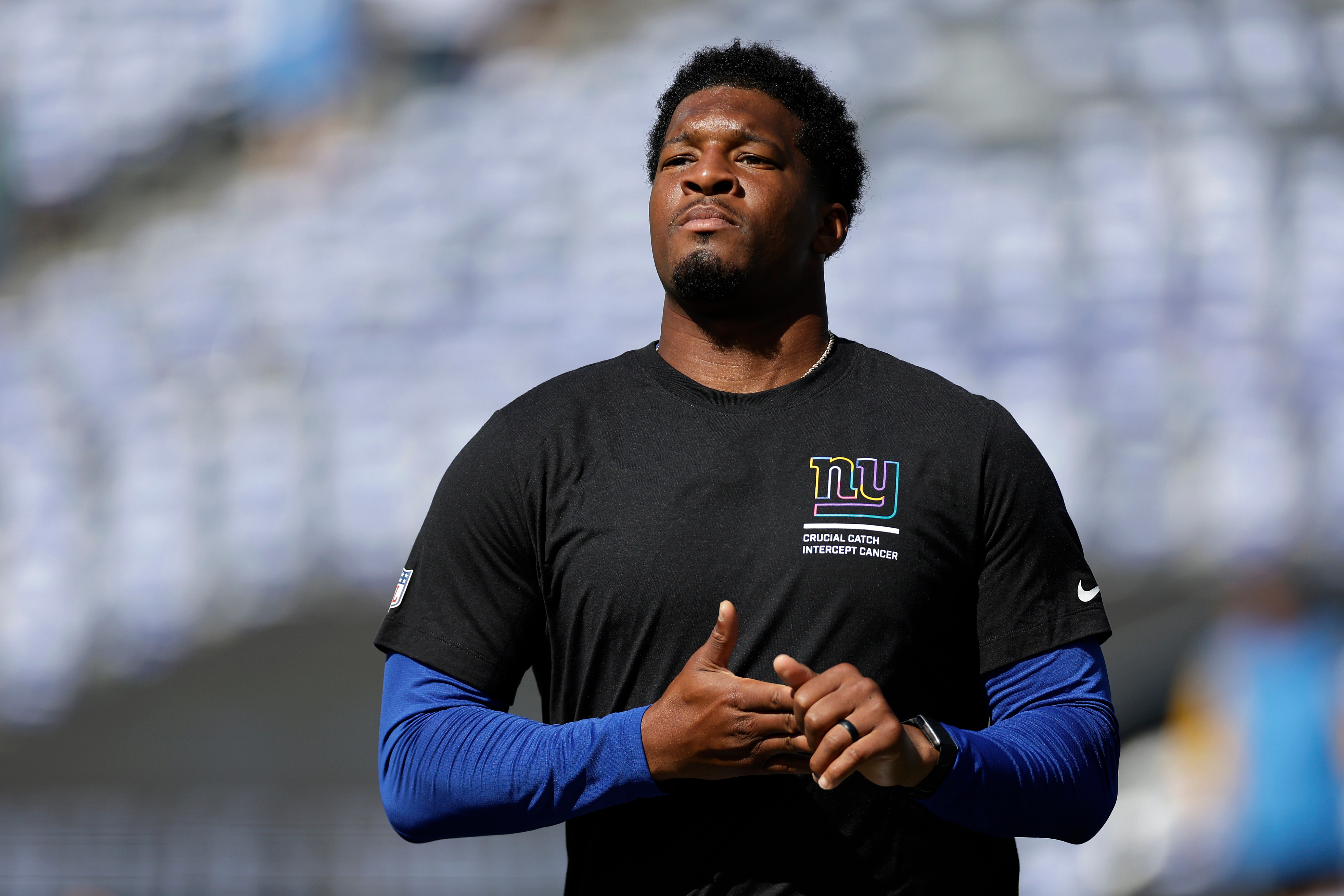 FILE - New York Giants quarterback Jameis Winston (19) warms up before an NFL football game against the Los Angeles Chargers, Sept. 28, 2025, in East Rutherford, N.J.