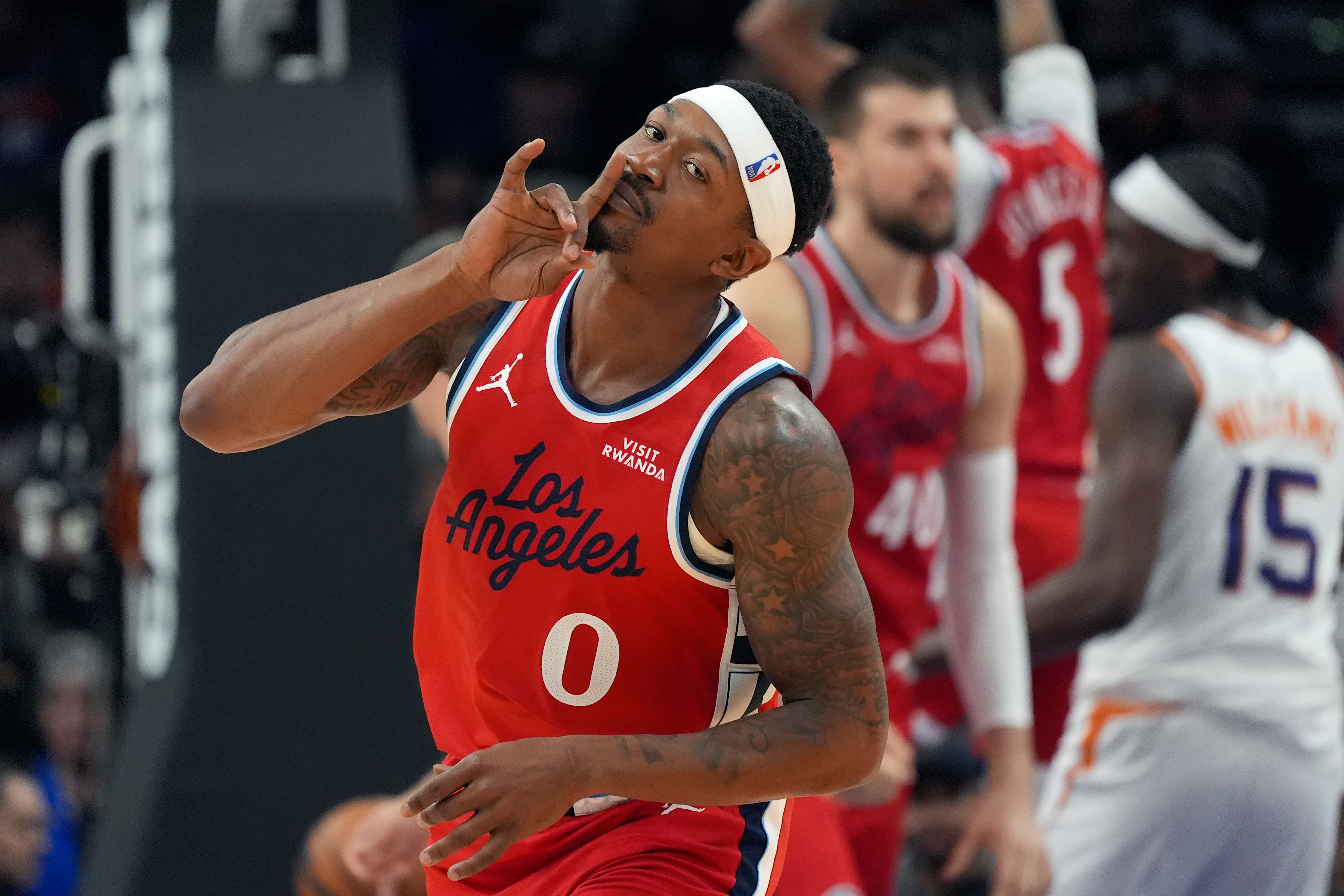 Los Angeles Clippers guard Bradley Beal celebrates a made 3-pointer against the Phoenix Suns during the first half of an NBA basketball game Thursday, Nov. 6, 2025, in Phoenix.