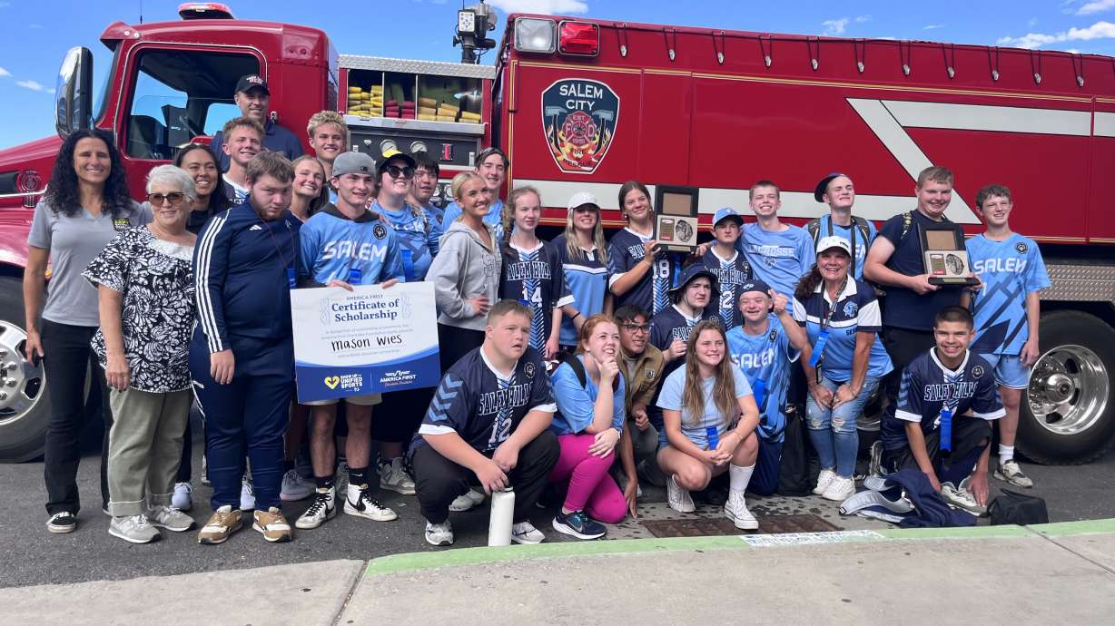 Salem Hills High School Unified Sports athletes, partners and coaches celebrate a state championship soccer win in October. The school was recognized as a Unified Champion School by ESPN and Special Olympics.