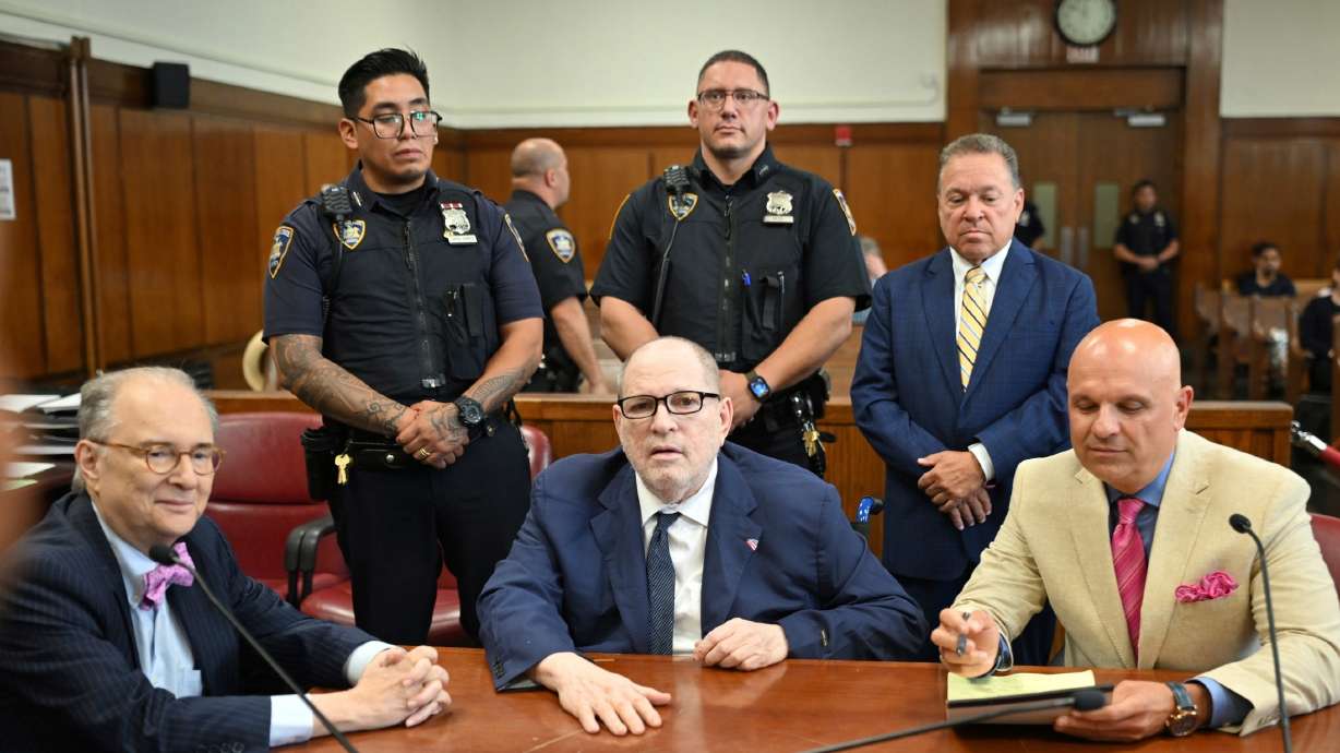 Harvey Weinstein appears in state court in Manhattan to be sentenced on his sexual assault conviction, Aug. 13, in New York. Prosecutors on Wednesday urged a judge to reject Weinstein's claims his conviction was marred by threats and bullying among jurors.