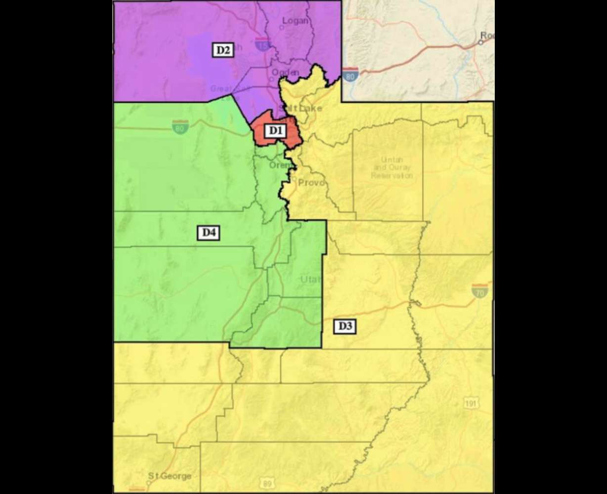 The map shows the four U.S. House districts in Utah as drawn in a redistricting proposal accepted by a Utah judge on Monday, Nov. 10.