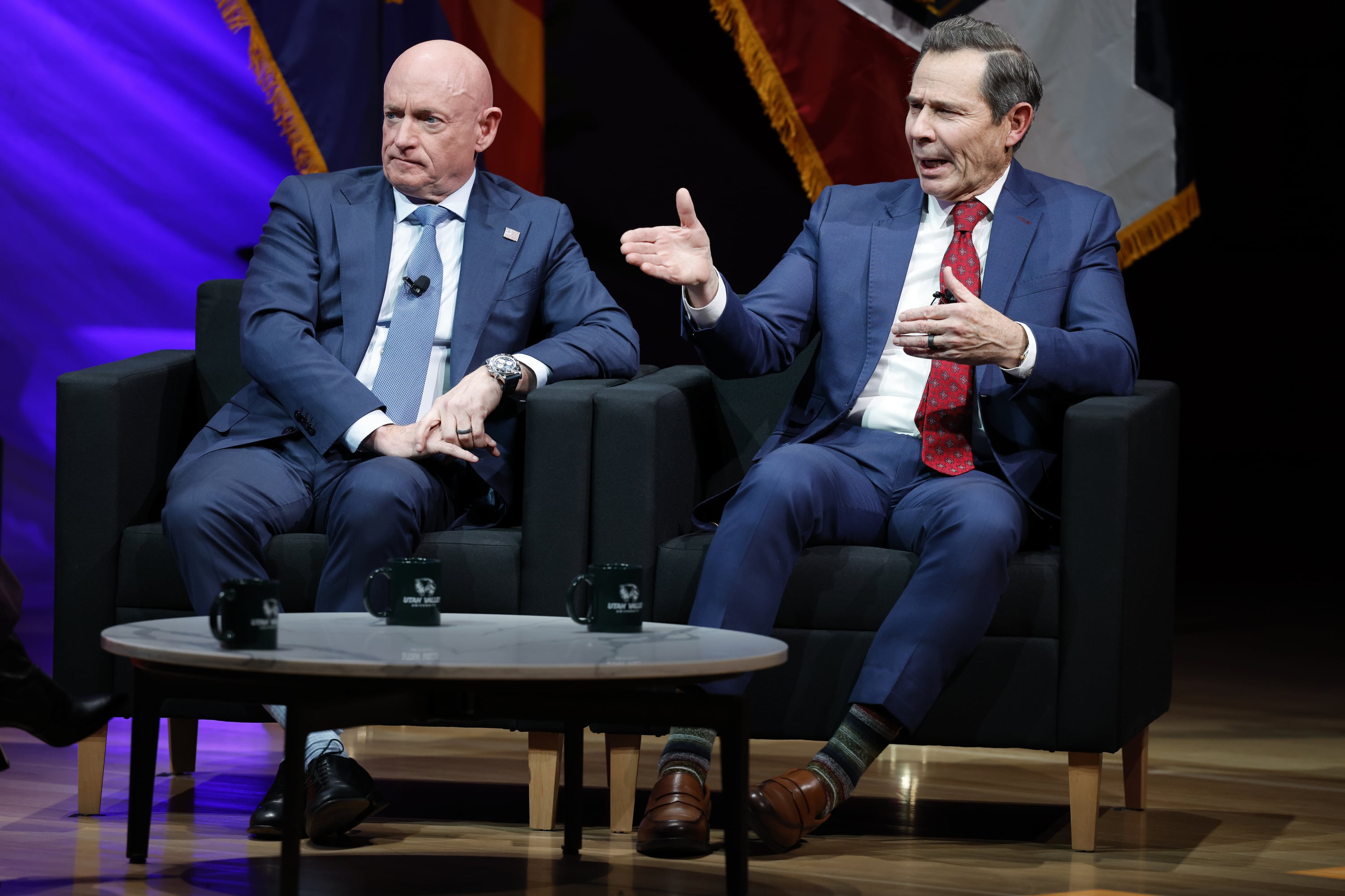 Arizona Sen. Mark Kelly and Utah Sen. John Curtis participate in a CNN town hall hosted by Dana Bash in the Noorda Center at Utah Valley University in Orem on Wednesday. Curtis framed the discussion as a chance to bring healing to the community.