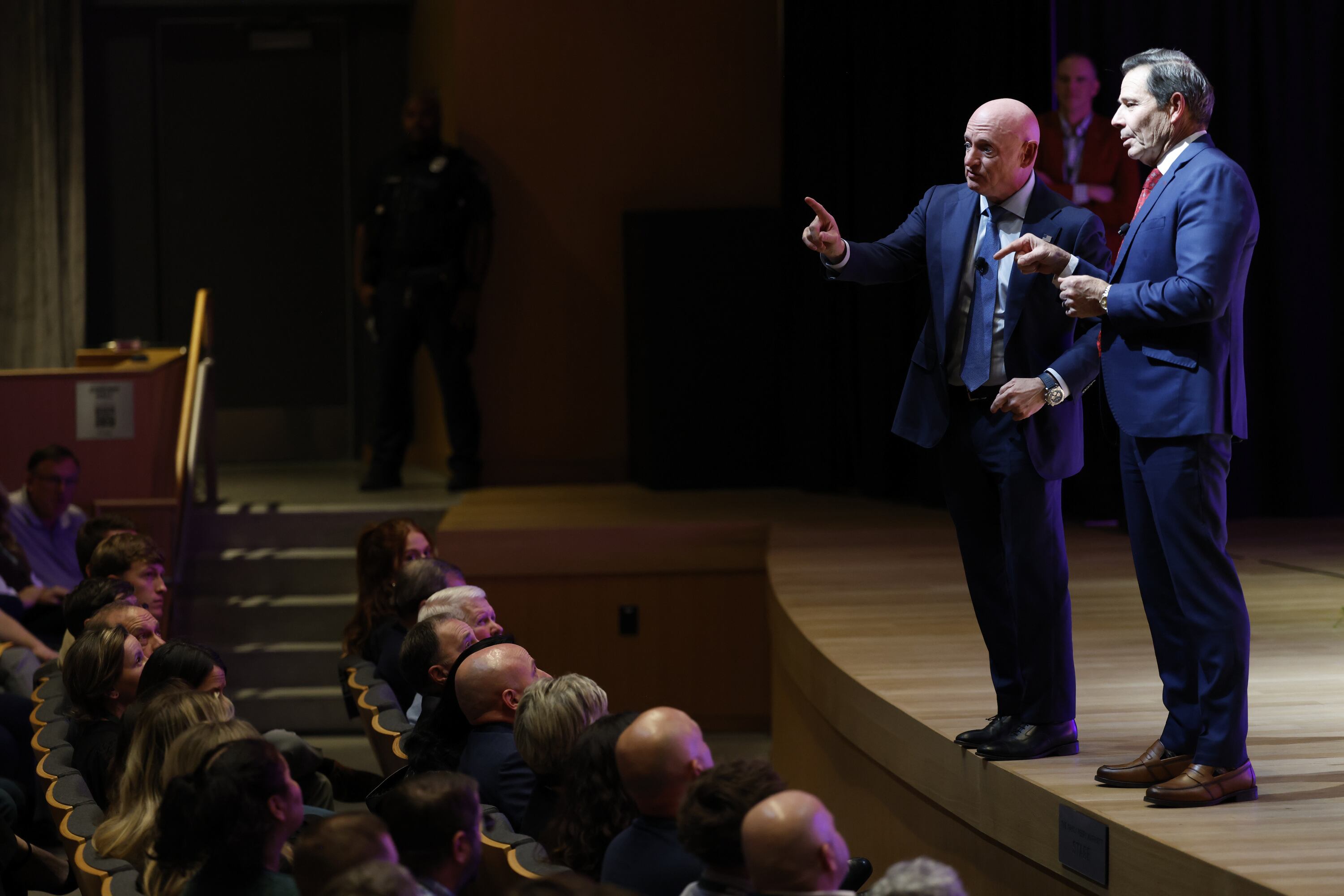 Arizona Sen. Mark Kelly and Utah Sen. John Curtis participate in a CNN town hall hosted by Dana Bash in the Noorda Center at Utah Valley University in Orem on Wednesday. Curtis and Kelly called for self-reflection to help quell a recent epidemic of political violence.