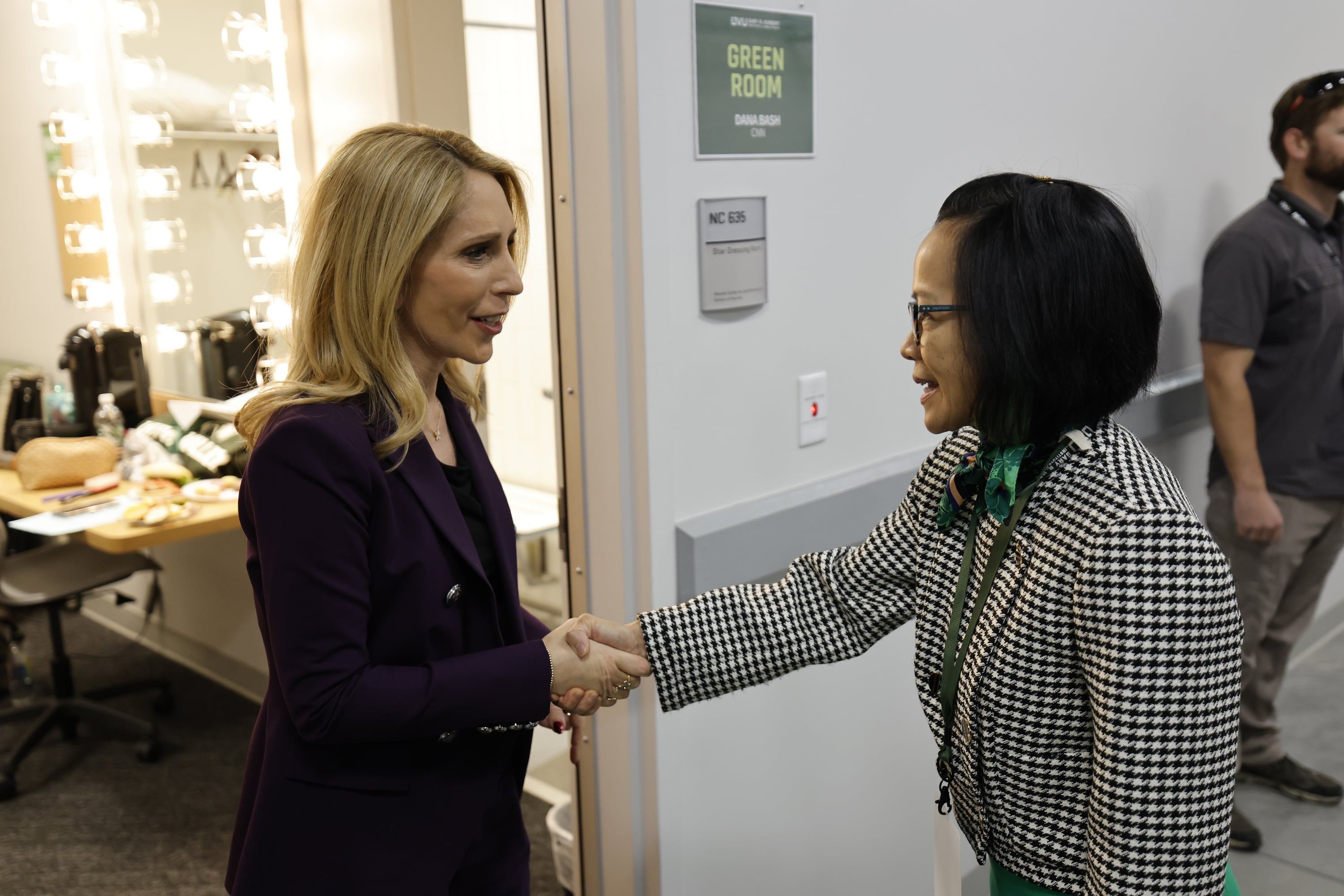 CNN's Dana Bash greets Utah Valley University President Astrid Tuminez before a town hall with Utah Sen. John Curtis and Arizona Sen. Mark Kelly in the Noorda Center at Utah Valley University in Orem on Wednesday. Tuminez participated in the discussion, touching on civil leadership.