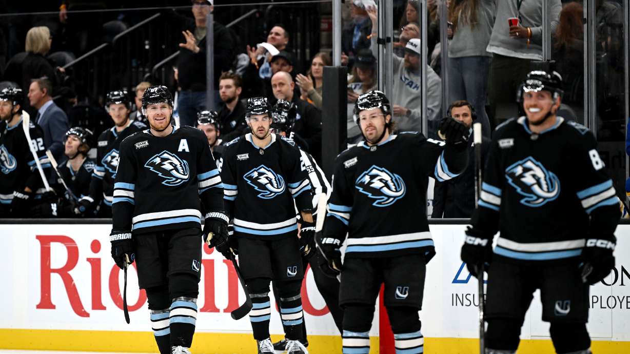 Utah Mammoth players celebrate a score as the Utah Mammoth and Buffalo Sabres play at the Delta Center in Salt Lake City on Wednesday, Nov. 12, 2025.