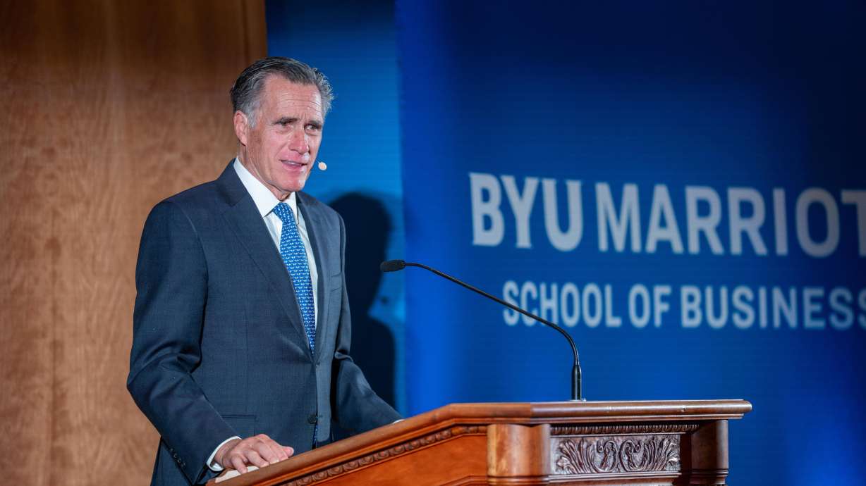 Mitt Romney speaks at the at BYU’s Wheatley Institute on Wednesday in Provo.