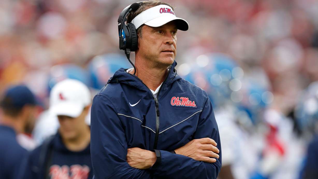 Mississippi head coach Lane Kiffin watches his team play against Oklahoma during the first half of an NCAA college football game in Norman, Okla., Saturday, Oct. 25, 2025.