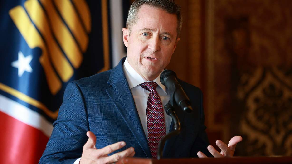 Utah Attorney General Derek Brown speaks at the Capitol in Salt Lake City on Sept. 3. He announced the formation of a task force with leading artificial intelligence developers to tackle issues and safeguards in the AI industry.