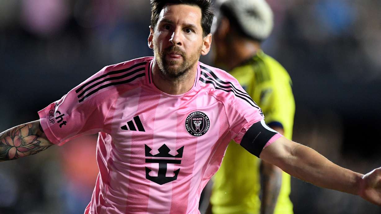 Inter Miami forward Lionel Messi celebrates after scoring during the first half of Game 3 in the first round of MLS soccer's Western Conference playoffs against Nashville SC in Fort Lauderdale, Fla., Nov. 8, 2025.