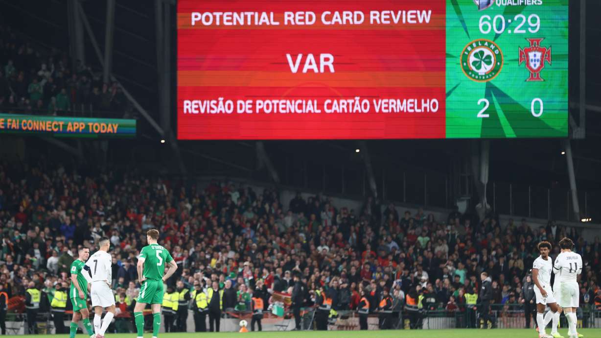 A VAR check on Portugal's Cristiano Ronaldo red card displays the decision was correct during a World Cup 2026 group F qualifying soccer match between Ireland and Portugal in Dublin, Thursday, Nov. 13, 2025.