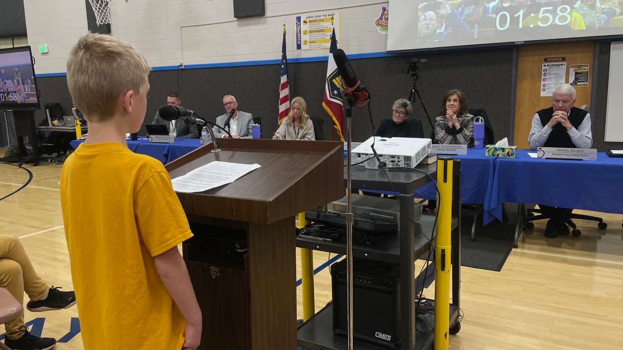 Isaac Jeffs, a fifth-grader at Lomond View Element in Pleasant View, argues in favor of the school at a Weber School District hearing on its future on Wednesday. School officials are studying whether to close the school.