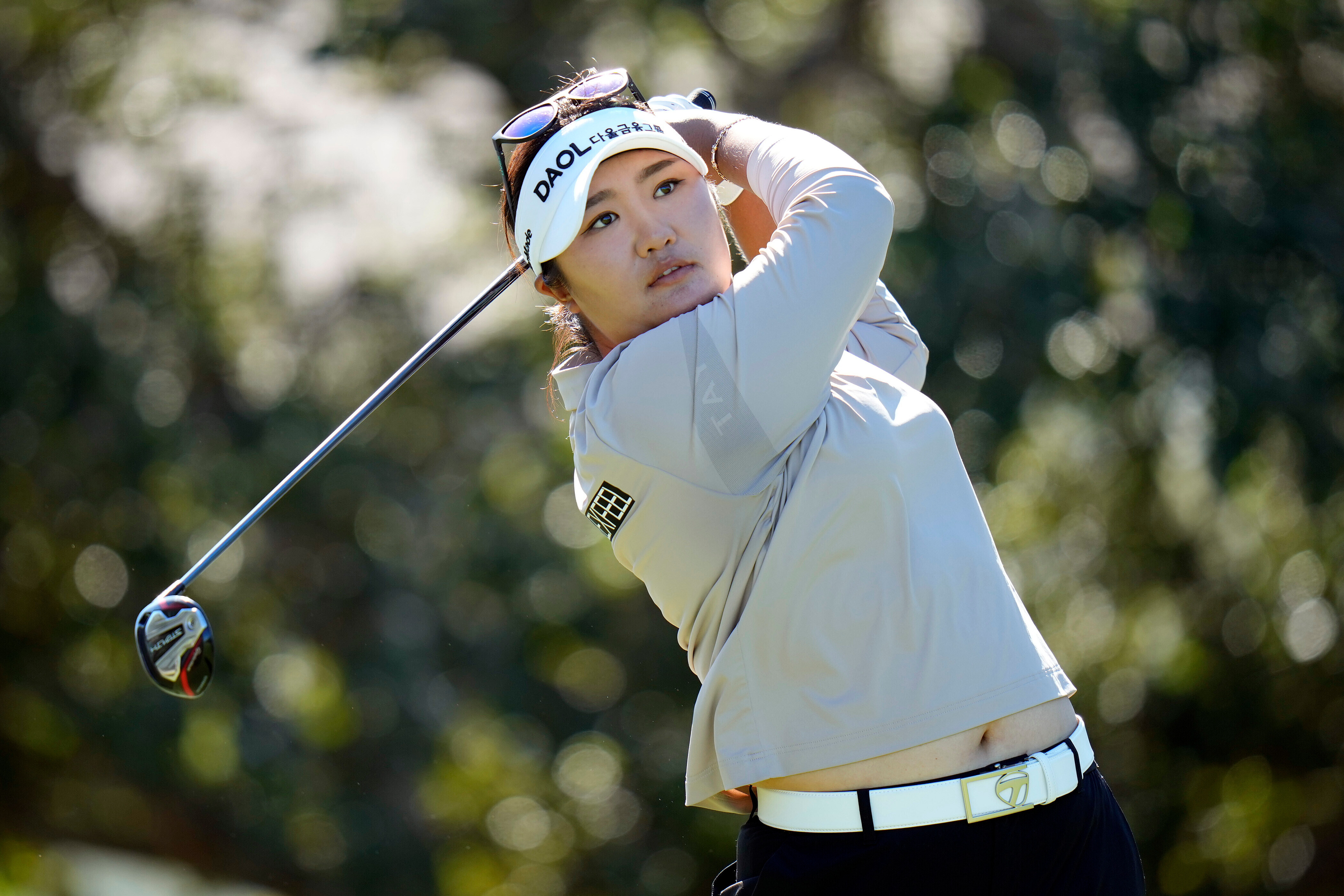 Haeran Ryu, of South Korea, tees off on the fifth hole during the first round of The Annika LPGA golf tournament, Thursday, Nov. 13, 2025, in Belleair, Fla.