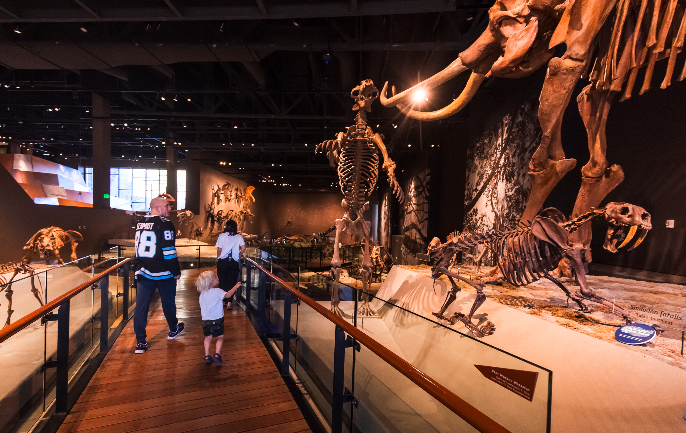 Utah Mammoth defenseman Nate Schmidt and his son Harvey look at a Columbian mammoth replica at the Natural History Museum of Utah in Salt Lake City on Thursday, Nov. 13, 2025.