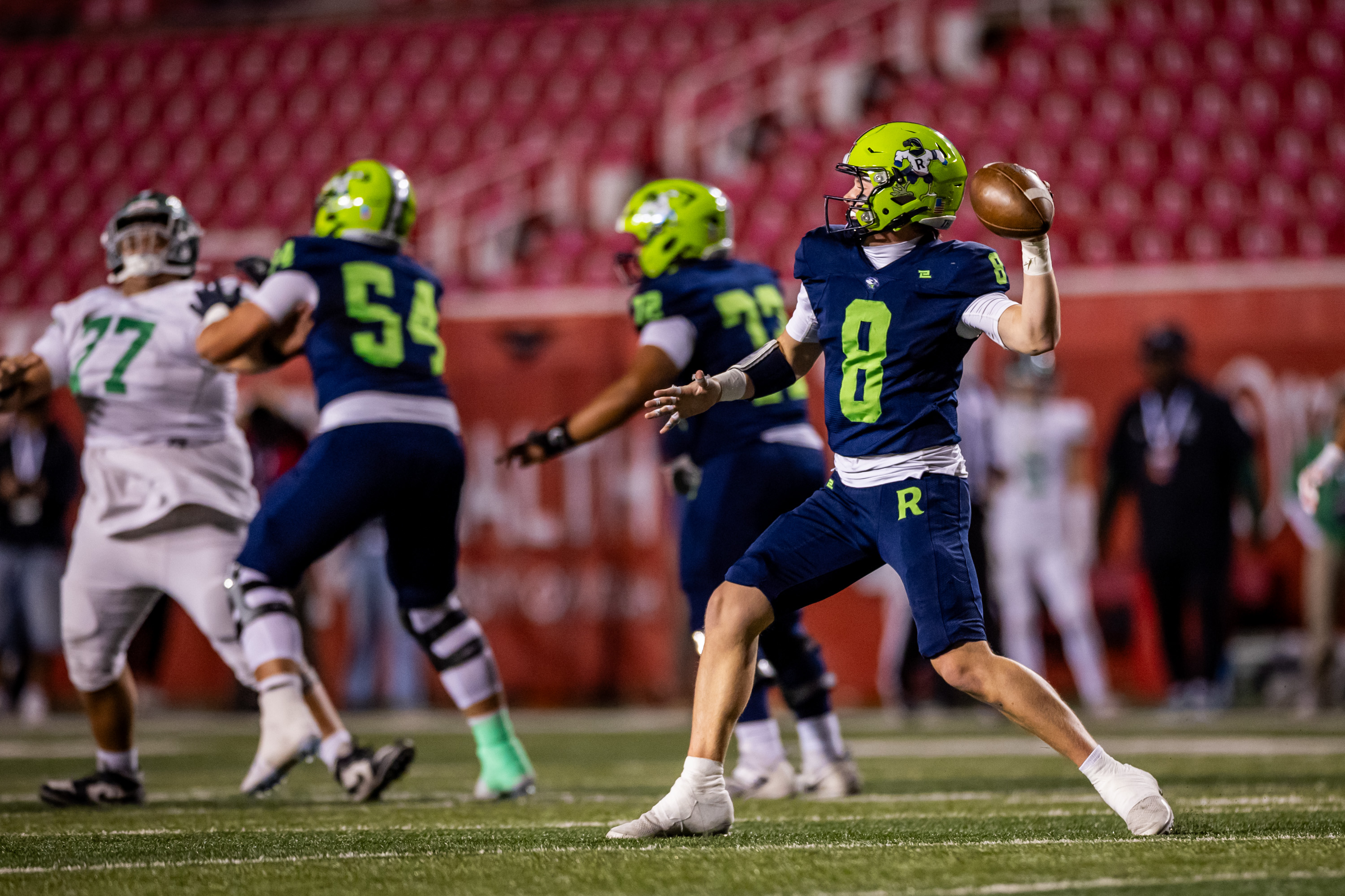 Ridgeline Riverhawks quarterback Nate Dahle (8) throws the ball during a 4A semifinal high school football game against the Provo Bulldogs at Rice-Eccles Stadium in Salt Lake City on Thursday, Nov. 13, 2025.