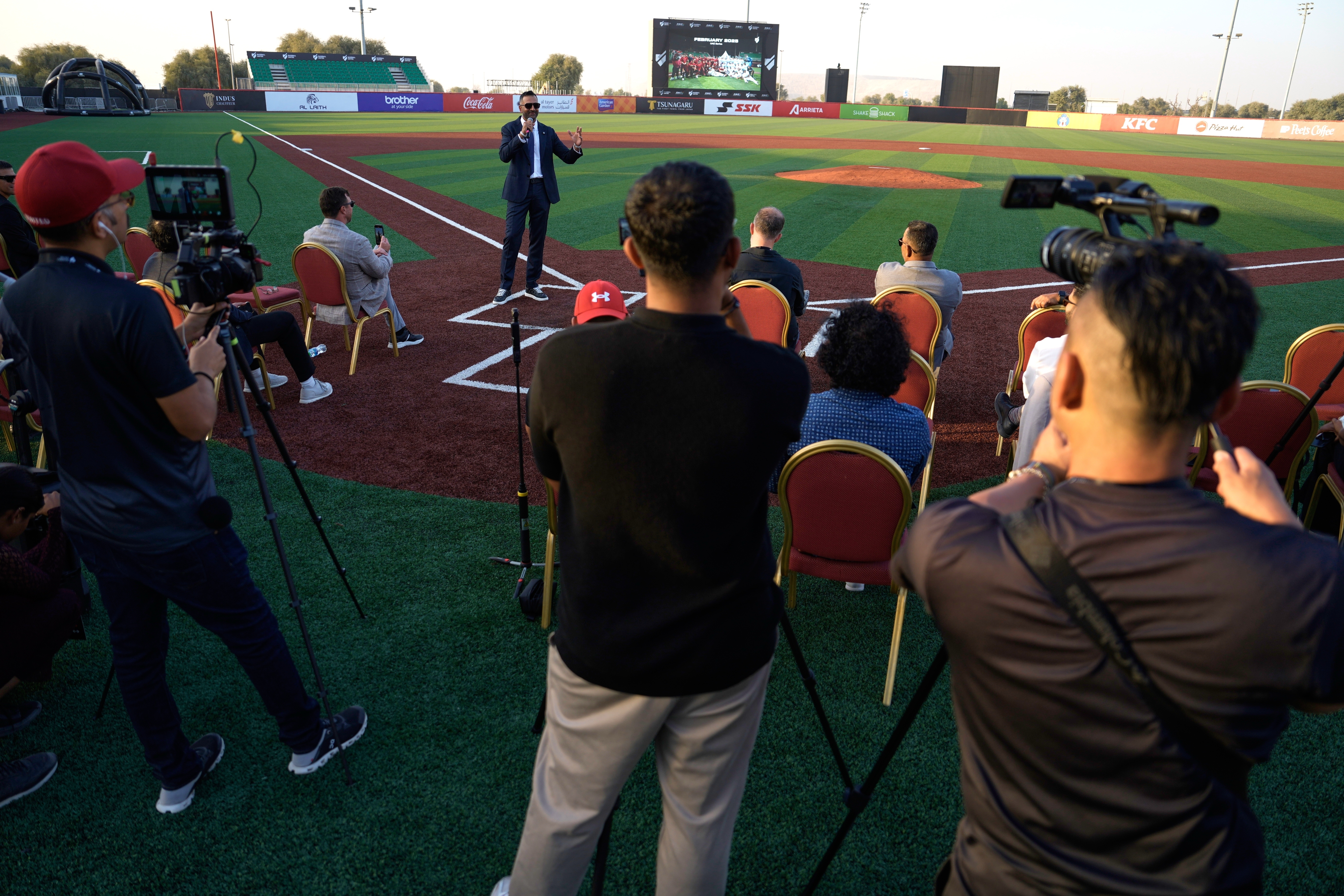 Baseball United CEO and co-founder Kash Shaikh speaks to journalists ahead of the league's inaugural season at the new Barry Larkin Field in Ud al-Bayda outside of Dubai, United Arab Emirates, Thursday, Nov. 13, 2025.