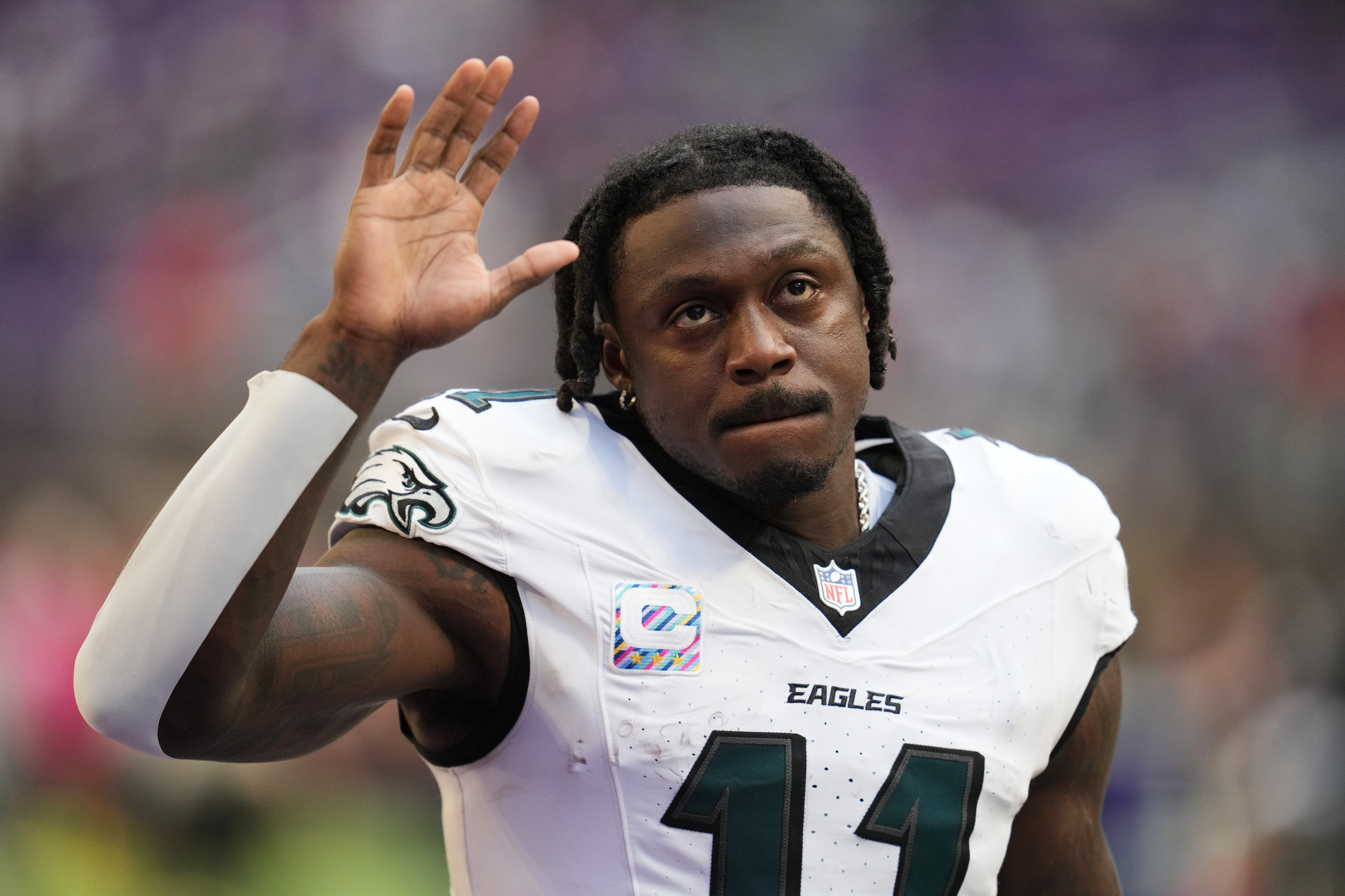 Philadelphia Eagles wide receiver A.J. Brown (11) walks off the field after a win over the Minnesota Vikings in an NFL football game Sunday, Oct. 19, 2025, in Minneapolis.