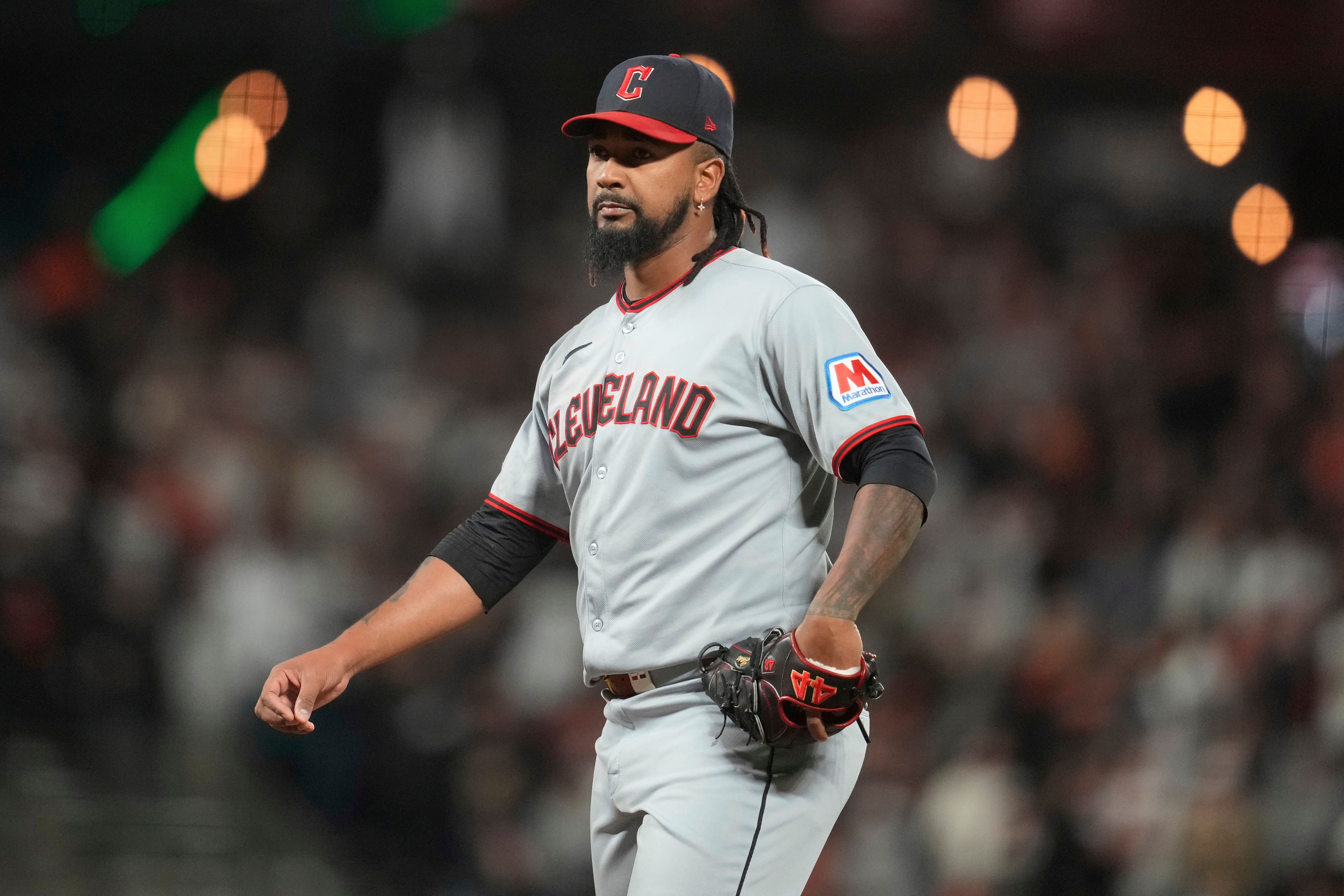 FILE - Cleveland Guardians pitcher Emmanuel Clase during a baseball game against the San Francisco Giants, in San Francisco, June 17, 2025.