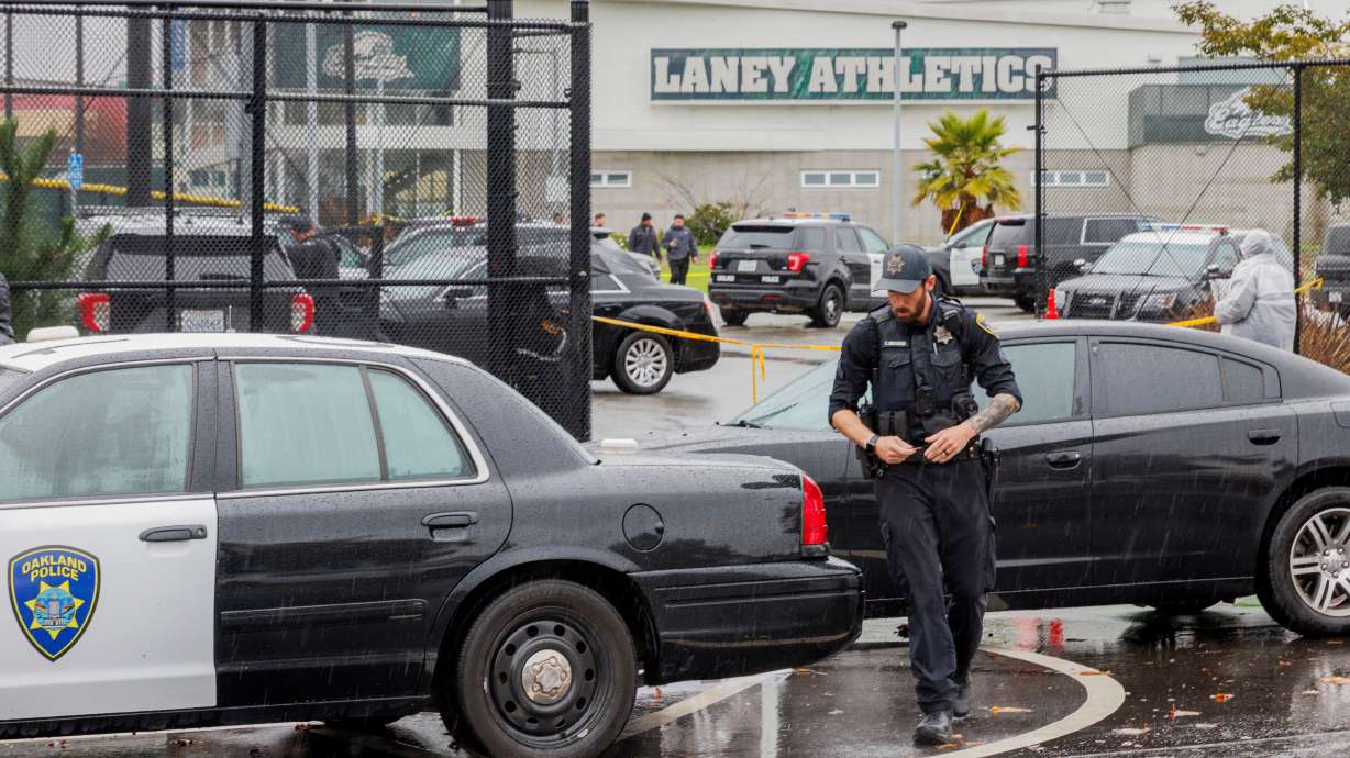 Police work the scene after a shooting at Laney College in Oakland, Calif., on Thursday, Nov. 13, 2025.