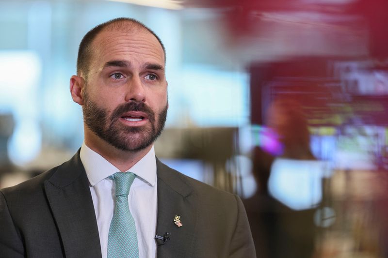 Brazilian lawmaker Eduardo Bolsonaro sits down with Reuters to discuss his efforts to put U.S. pressure on Brazil to halt the trial of his father, right-wing former Brazilian President Jair Bolsonaro, in Washington, D.C., on Friday.