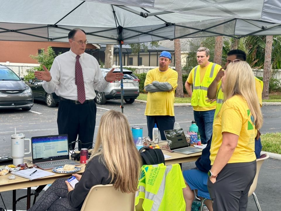 Bishop W. Christopher Waddell, then-first counselor in the Presiding Bishopric, visits the disaster relief command center in St. Petersburg, Fla., in October 2024.