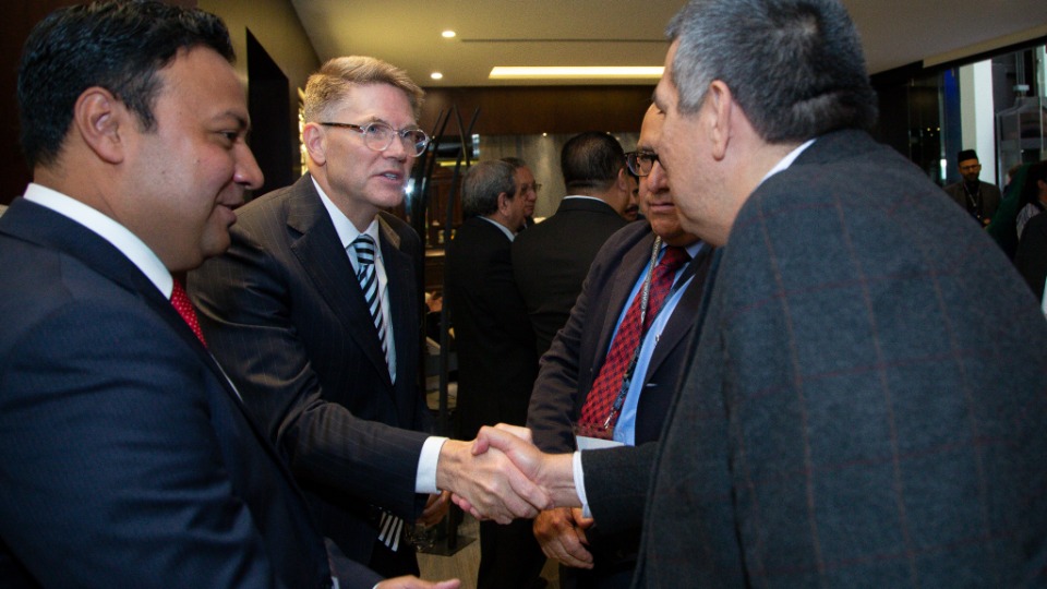 Bishop Sean Douglas greets religious leaders, academics, public officials, human rights advocates, and representatives of civil society at the 10th National Congress on Religious Freedom in León, Mexico, on Aug. 28.