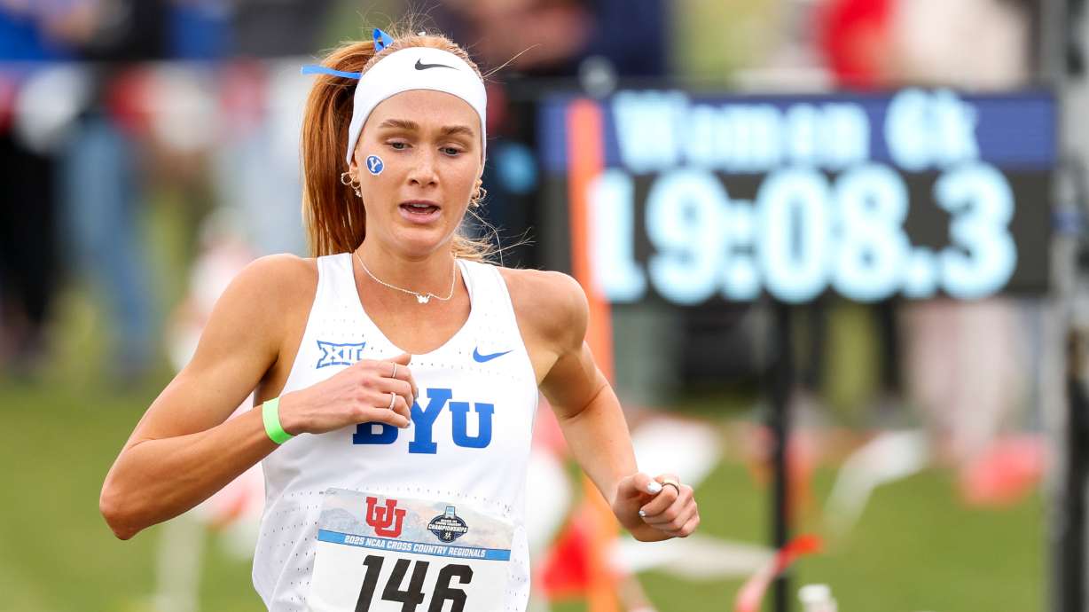 BYU’s Jane Hedengren looks on after crossing the finish line to win the women’s race at the NCAA Mountain Region cross-country meet at the Regional Athletic Complex in Salt Lake City on Friday, Nov. 14, 2025.