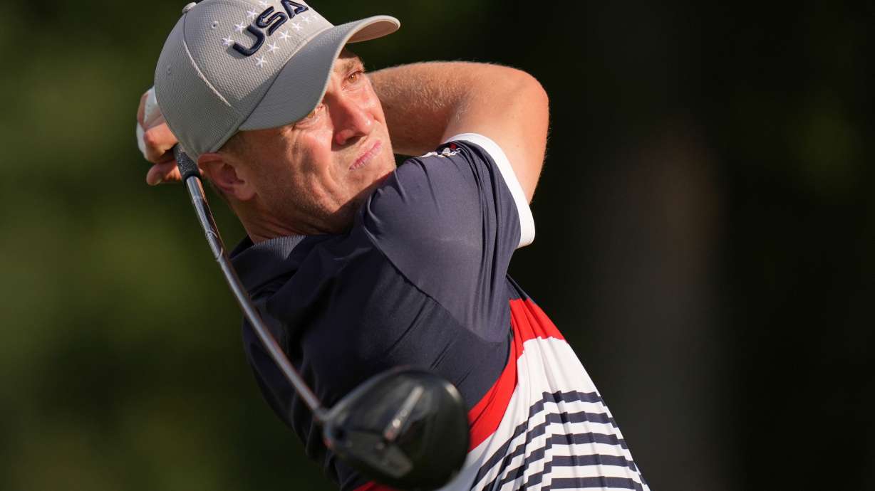 FILE - United States' Justin Thomas watches his tee shot on the 12th hole at Bethpage Black golf course during the Ryder Cup golf tournament, Friday, Sept. 26, 2025, in Farmingdale, N.Y.