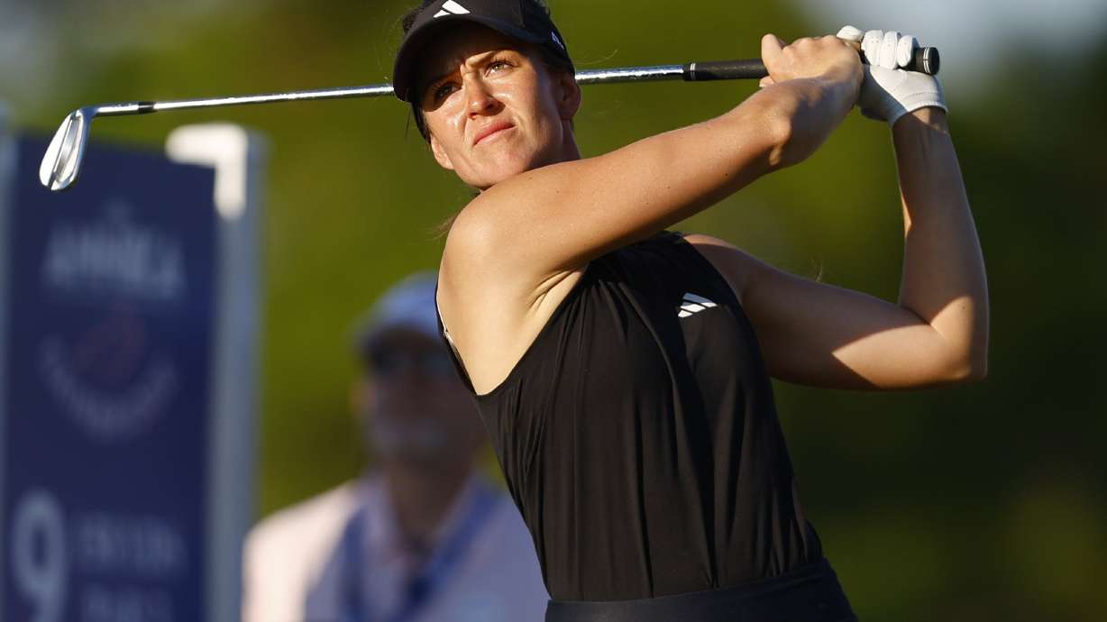 Linn Grant tees off on the ninth hole during round two of the Annika LPGA tournament on Friday, Nov. 14, 2025, in Belleair, Fla.