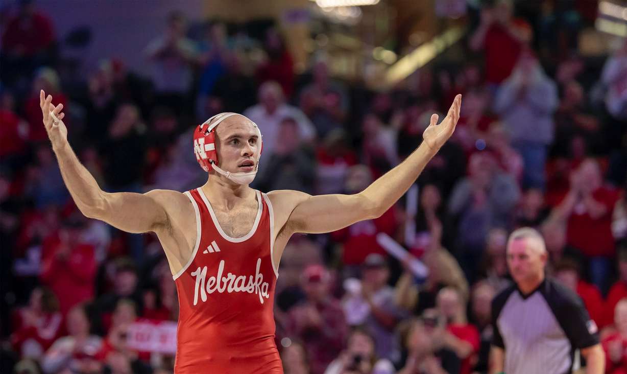 Nebraska wrestler Brock Hardy — a Utah native and returned missionary — pumps up the crowd during the team's Nov. 7 meet against Army. Hardy told the Deseret News he can't remember a time where he wasn't a wrestler.
