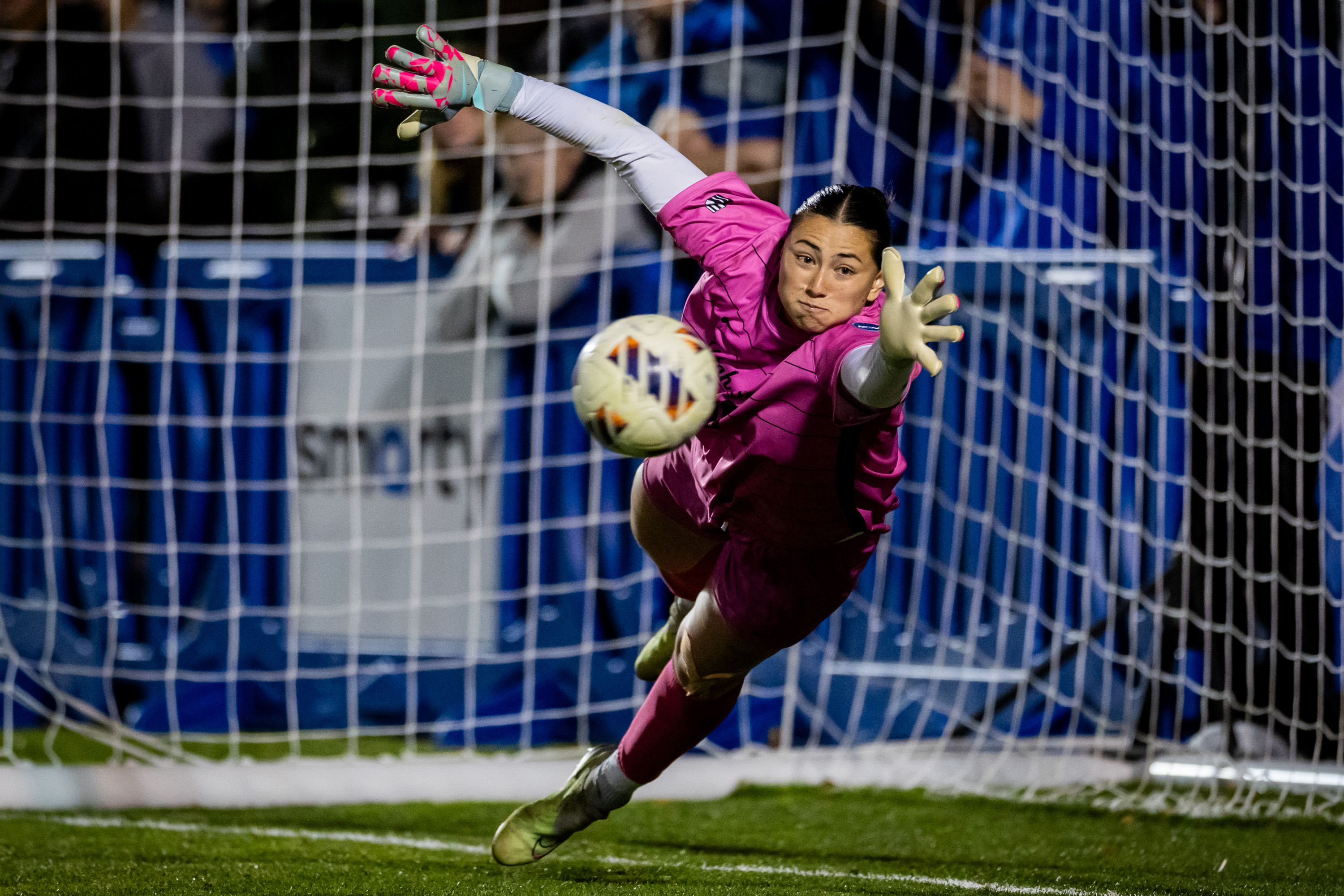 Utah State goalkeeper Taylor Rath (00) stops a shot during a penalty kick shootout against the BYU Cougars in overtime during an NCAA first round soccer game at South Field in Provo on Friday, Nov. 14, 2025.