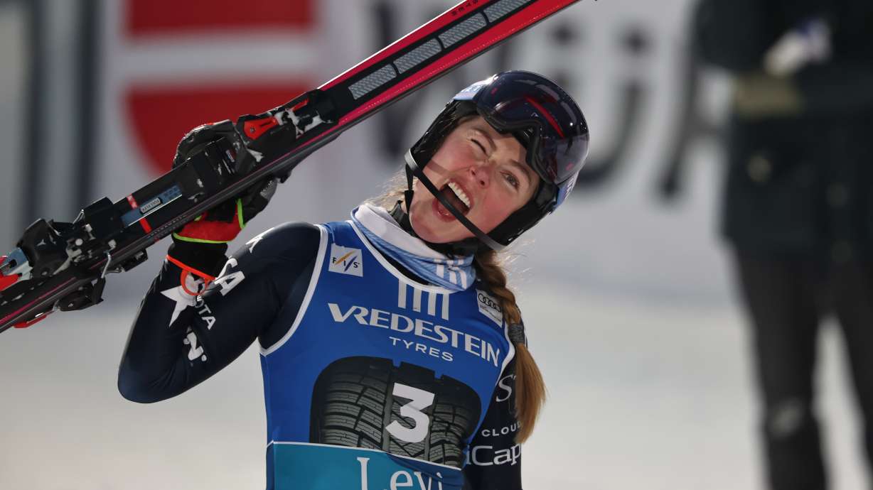 United States' Mikaela Shiffrin celebrates after winning an alpine ski, women's World Cup slalom, in Levi, Finland, Saturday, Nov. 15, 2025.