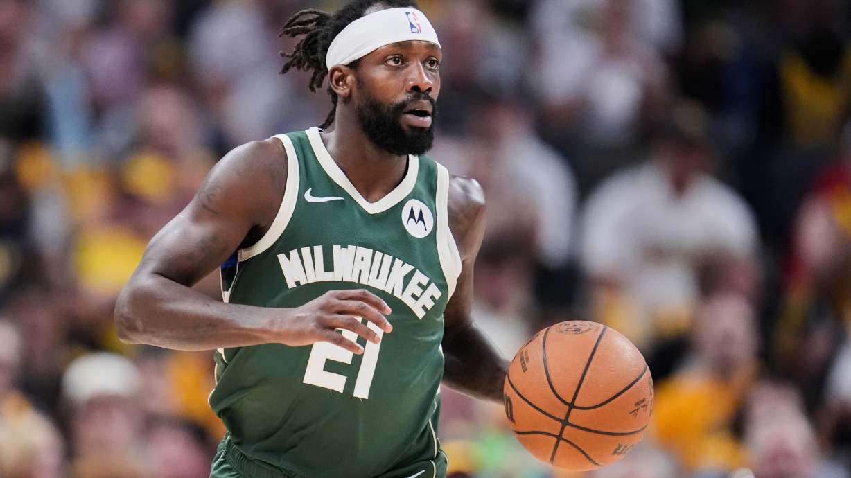 FILE - Milwaukee Bucks' Patrick Beverley dribbles during the first half of Game 4 of the first round NBA playoff basketball series against the Indiana Pacers, Sunday, April 28, 2024, in Indianapolis.