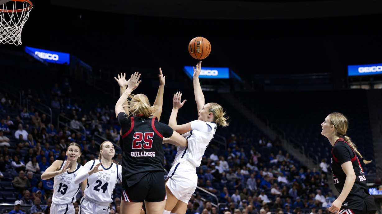 BYU's Olivia Hamlin puts up a shot during the Cougars' 63-43 win over Fresno State in an NCAA women's basketball game, Saturday, Nov. 15, 2025 in the Marriott Center.
