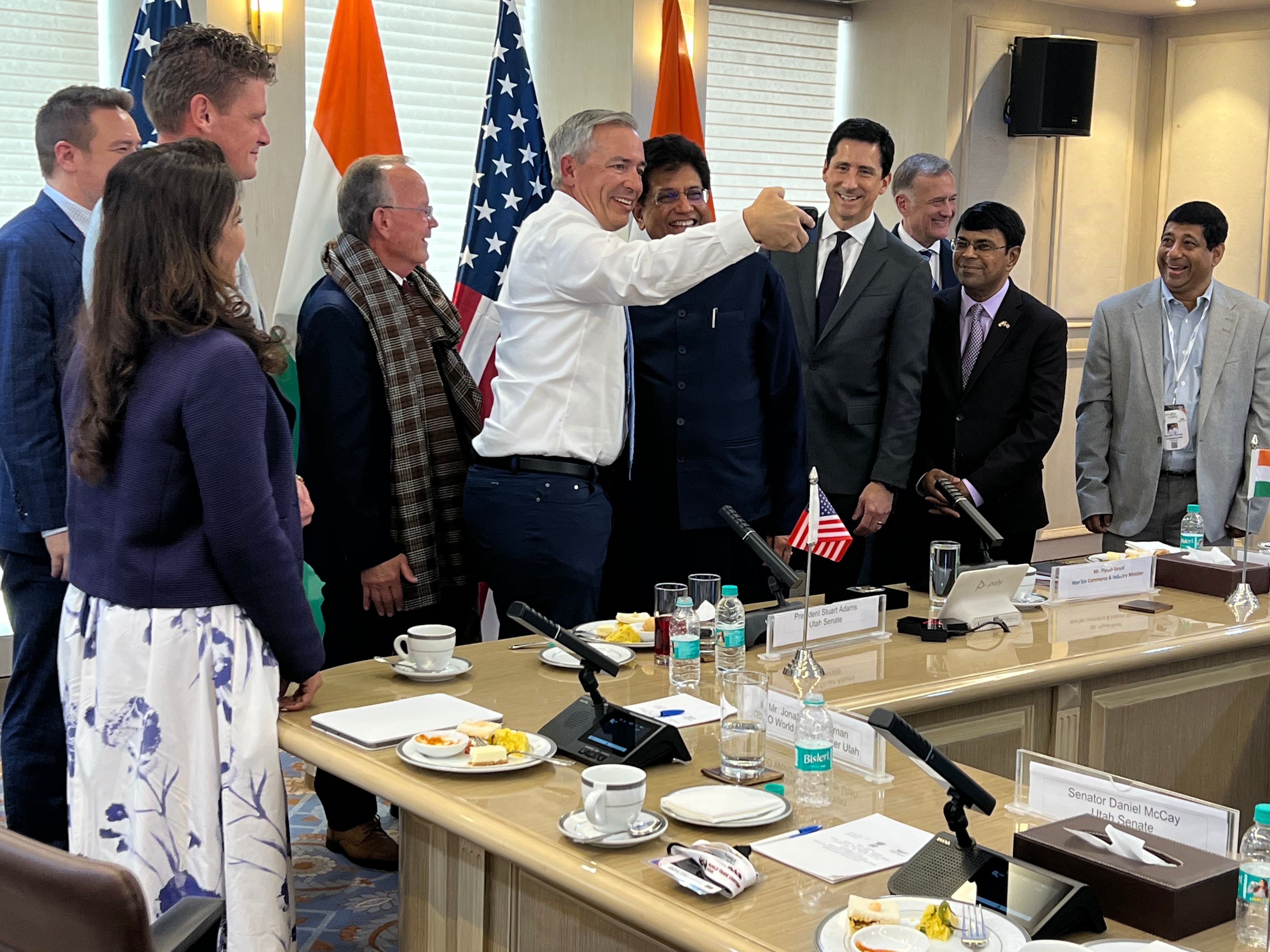State Sen. Dan McCay, R-Riverton, taking a selfie with Indian Commerce Minister Piyush Goyal on Nov. 10. They were surrounded by other members of the Utah delegation, who had their say on President Trump's comments on the H-1B visa policy.