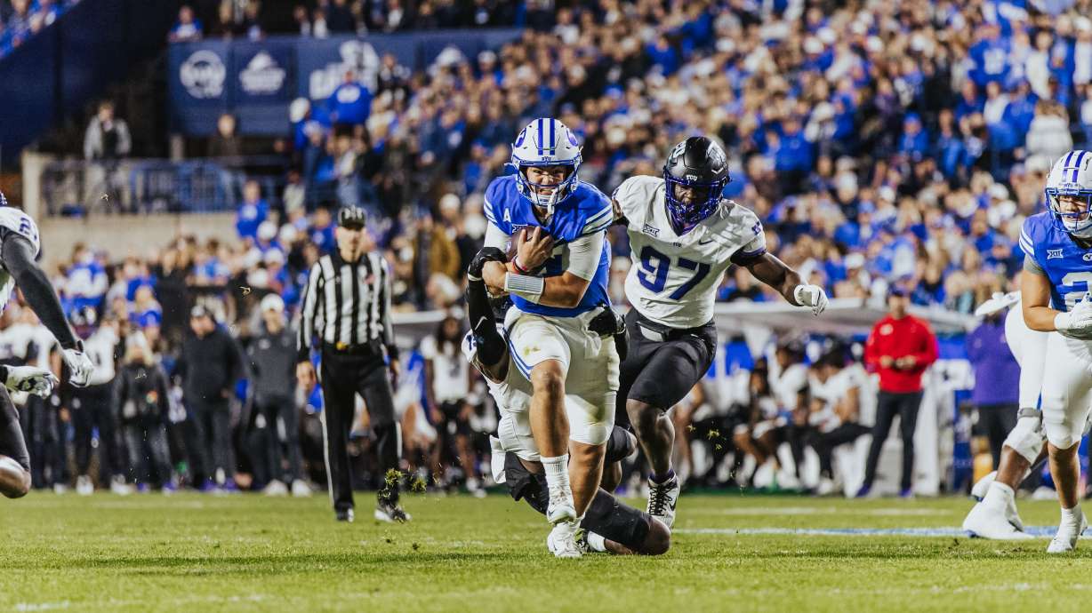 BYU quarterback Bear Bachmeier runs for yardage during the first half of the Cougars' Big 12 football game against TCU, Saturday, Nov. 15, 2025 at LaVell Edwards Stadium in Provo, Utah.
