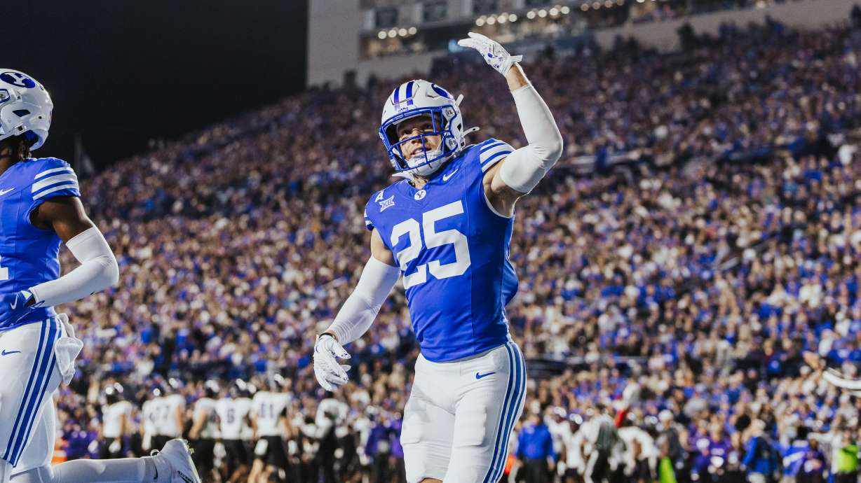 BYU's Talan Alfrey celebrates a play during the first half of the Cougars' Big 12 football game against TCU, Saturday, Nov. 15, 2025 at LaVell Edwards Stadium in Provo, Utah.