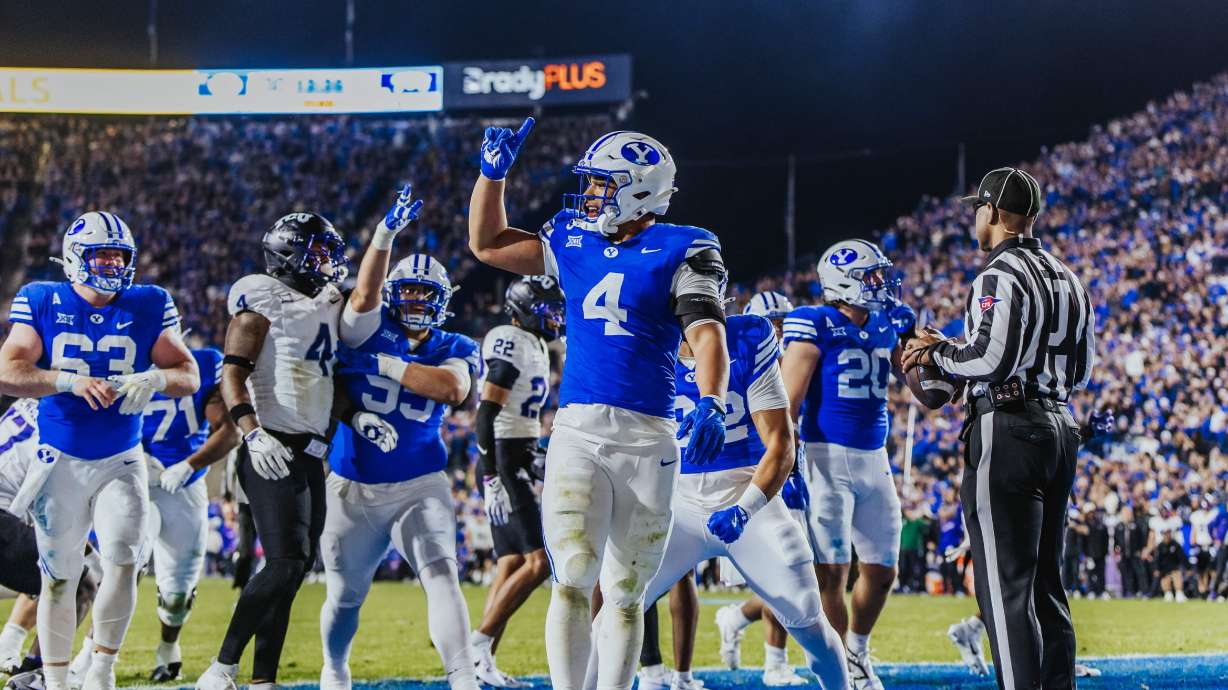 BYU running back LJ Martin scores on a 1-yard touchdown run during the second half of a Big 12 football game against TCU, Saturday, Nov. 15, 2025 at LaVell Edwards Stadium in Provo, Utah.