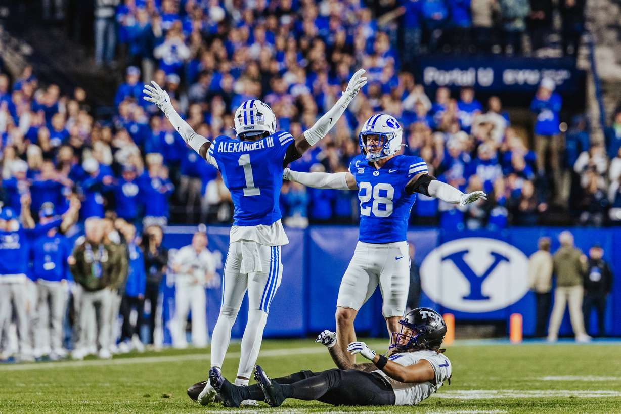 BYU's Tre Alexander (1) celebrates a pass breakup during the second half of a Big 12 football game against TCU, Saturday, Nov. 15, 2025 at LaVell Edwards Stadium in Provo, Utah.