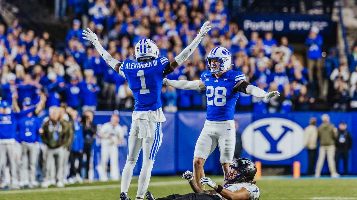 BYU's Tre Alexander (1) celebrates a pass breakup during the second half of a Big 12 football game against TCU, Saturday, Nov. 15, 2025 at LaVell Edwards Stadium in Provo, Utah.