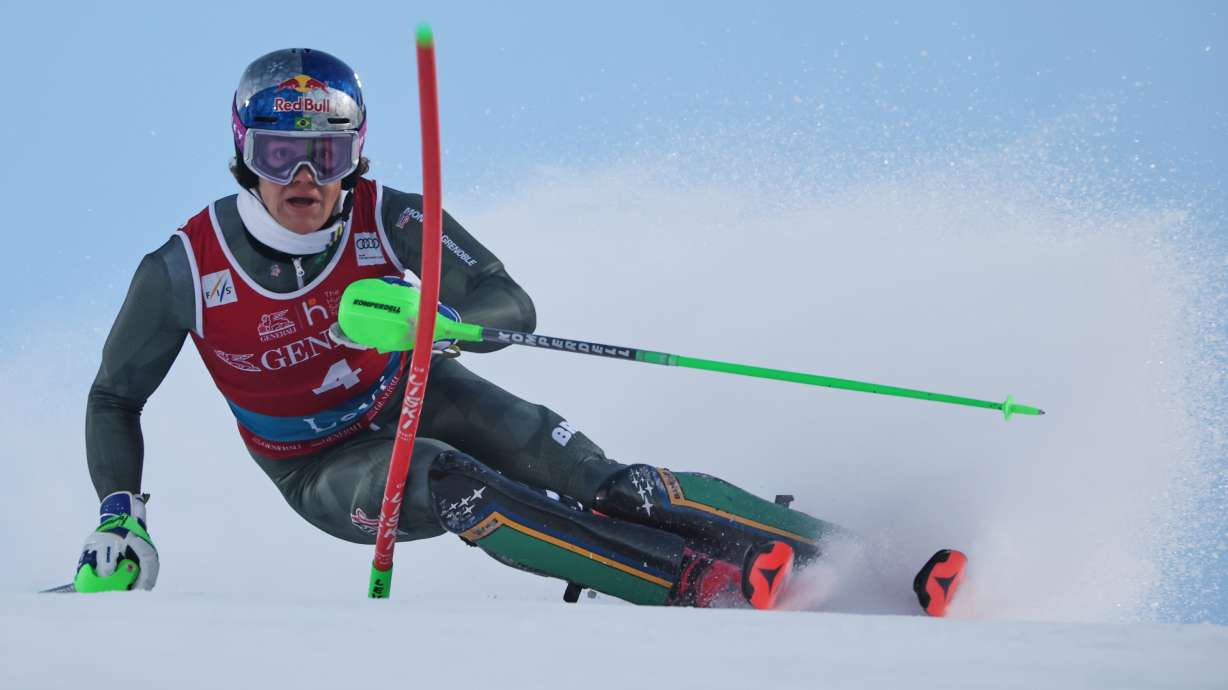 Brazil's Lucas Pinheiro Braathen speeds down the course during an alpine ski, men's World Cup slalom, in Levi, Finland, Sunday, Nov. 16, 2025.