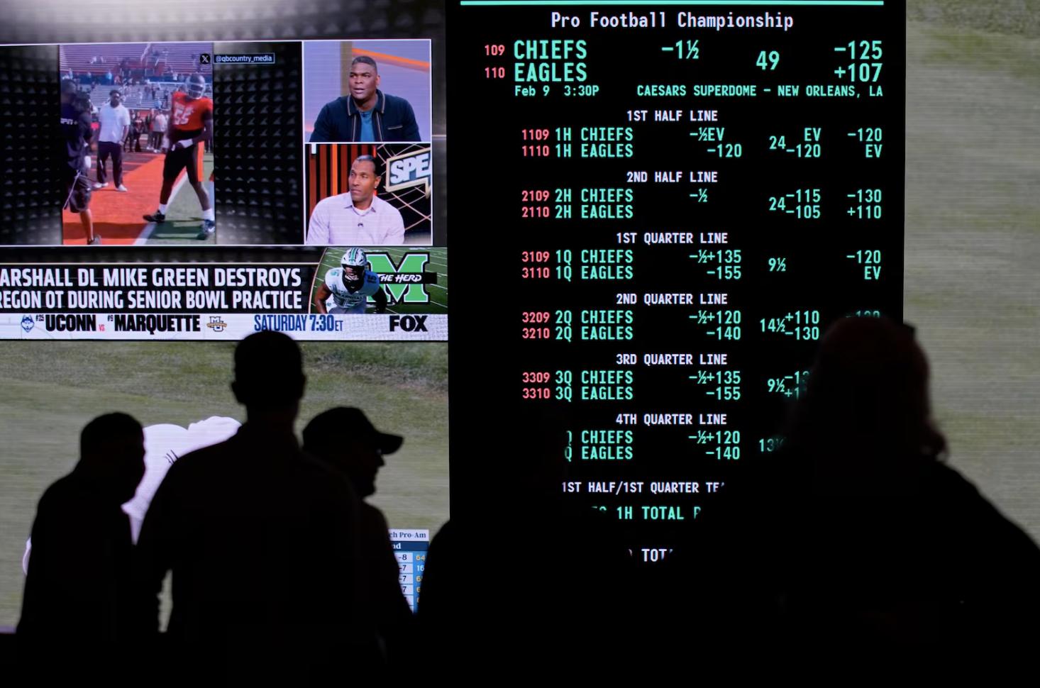 Betting odds for Super Bowl LIX are displayed on monitors at the Circa resort and casino sports book, Jan. 30, in Las Vegas.