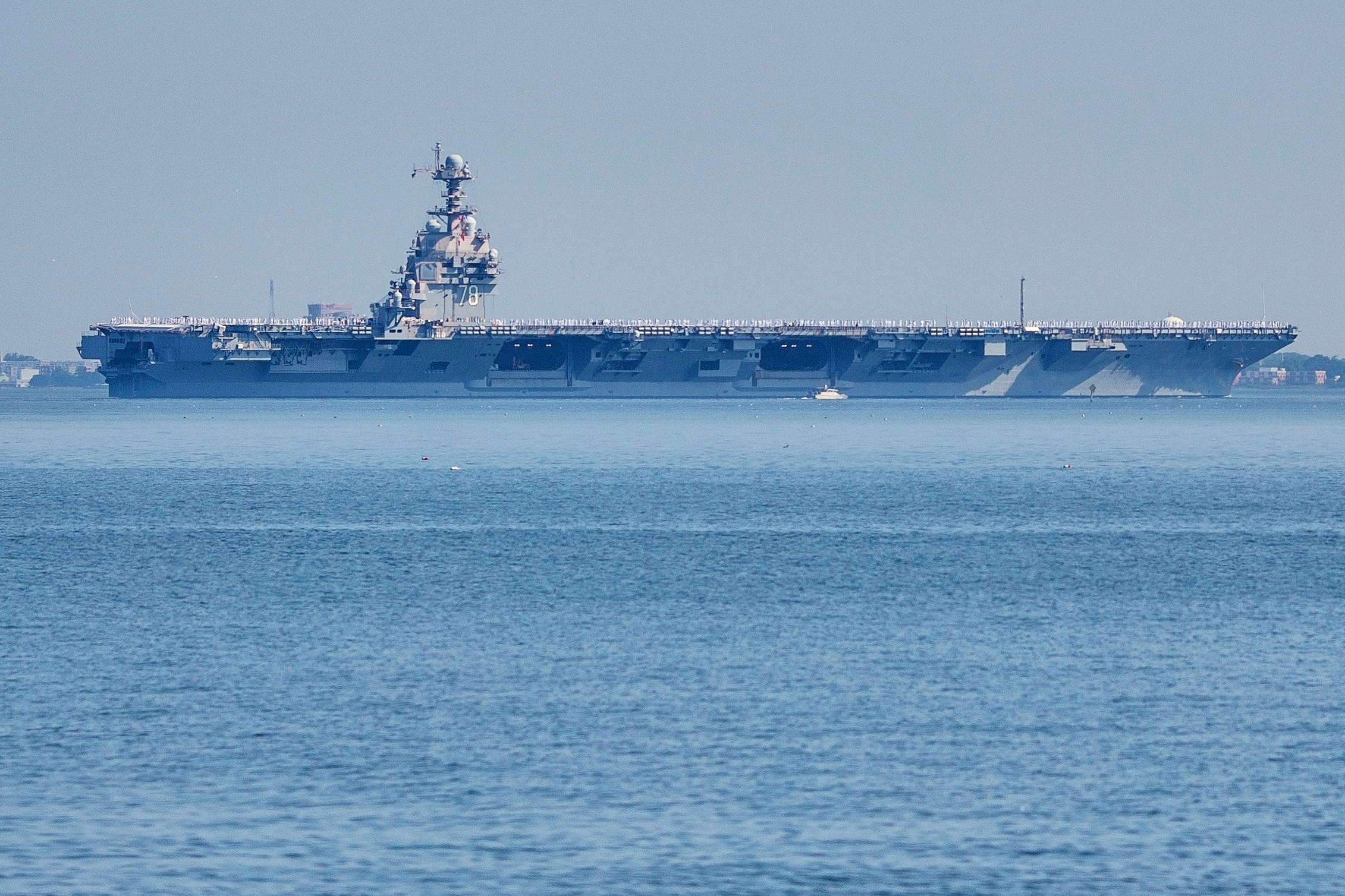 The USS Gerald R. Ford aircraft carrier leaves Naval Station Norfolk, June 23, in Norfolk, Va. The most advanced U.S. aircraft carrier has arrived in the Caribbean Sea in a display of American military power.