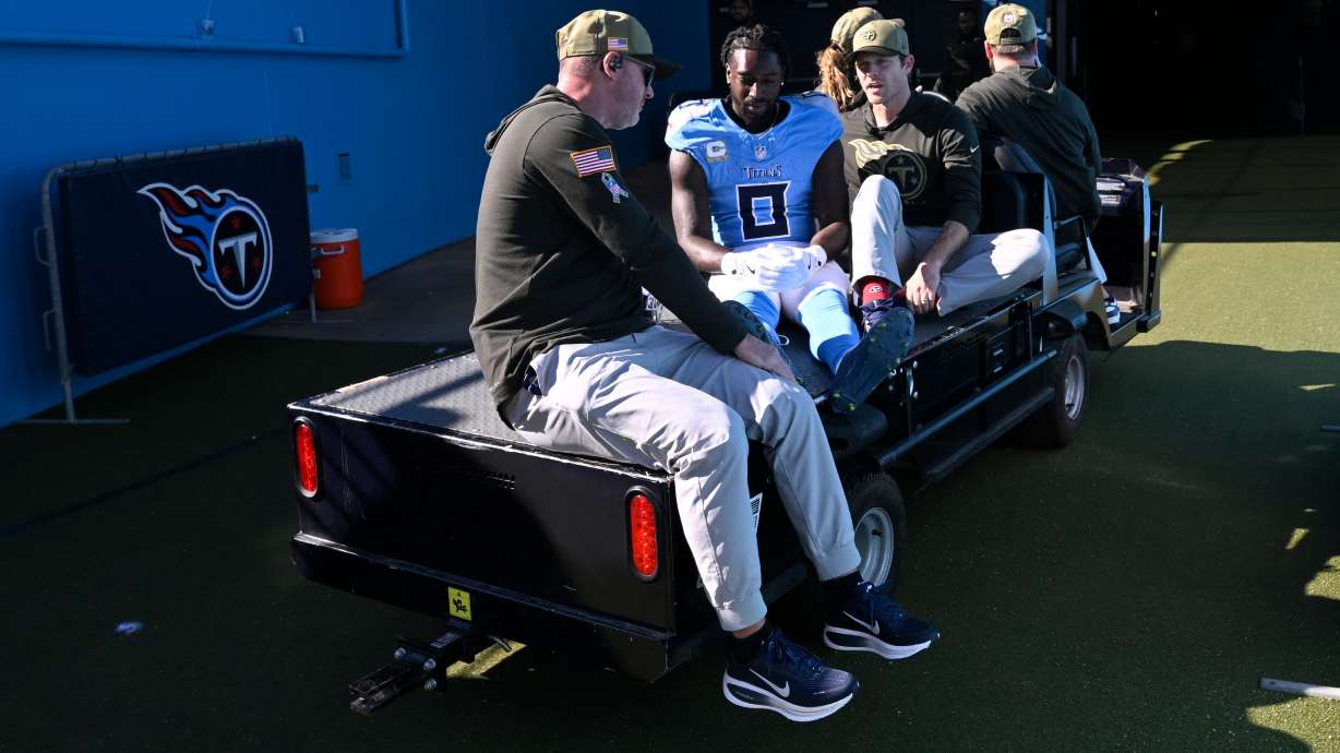 Tennessee Titans wide receiver Calvin Ridley is taken off the field after being injured during the first half of an NFL football game against the Houston Texans on Sunday, Nov. 16, 2025, in Nashville, Tenn.