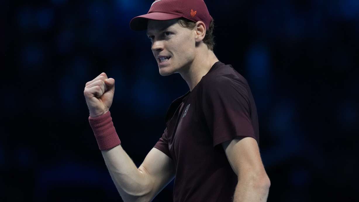 Italy's Jannik Sinner reacts during the final tennis match of the ATP World Tour Finals against Spain's Carlos Alcaraz in Turin, Italy, Sunday, Nov. 16, 2025.
