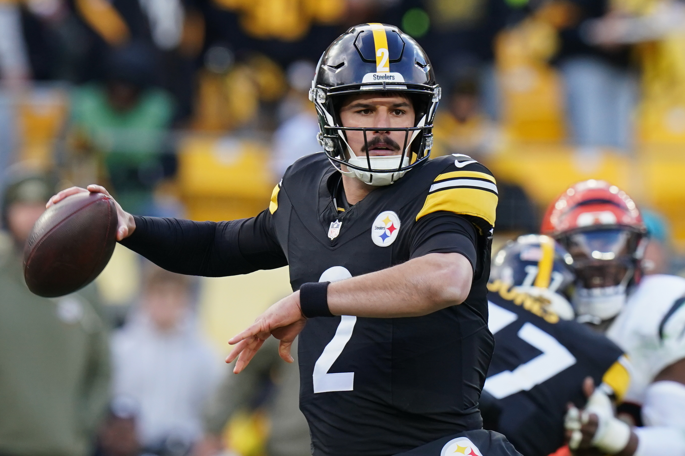 Pittsburgh Steelers quarterback Mason Rudolph (2) throws against the Cincinnati Bengals during the second half of an NFL football game Sunday, Nov. 16, 2025, in Pittsburgh.