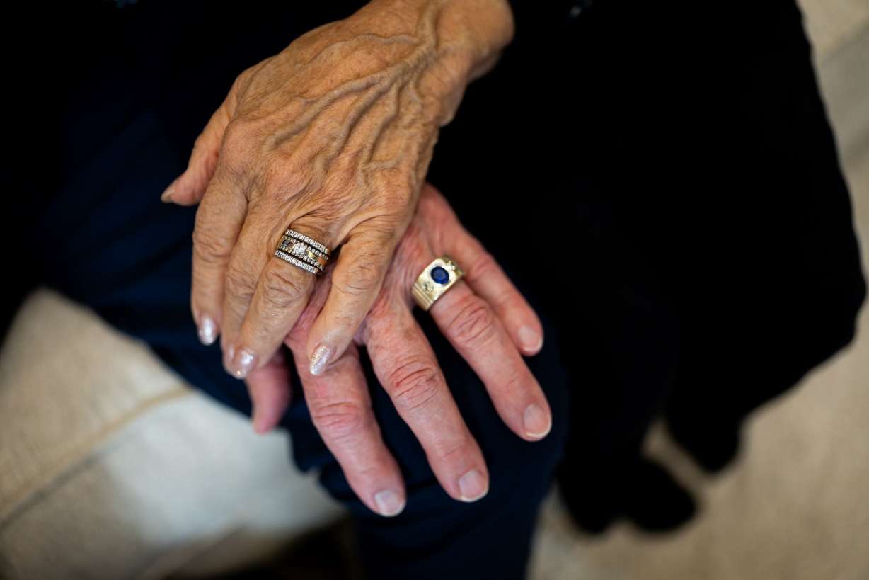 Kelvyn and Kay Cullimore, married for 70 years, pose with their wedding rings at their home in Cottonwood Heights on Nov. 5.