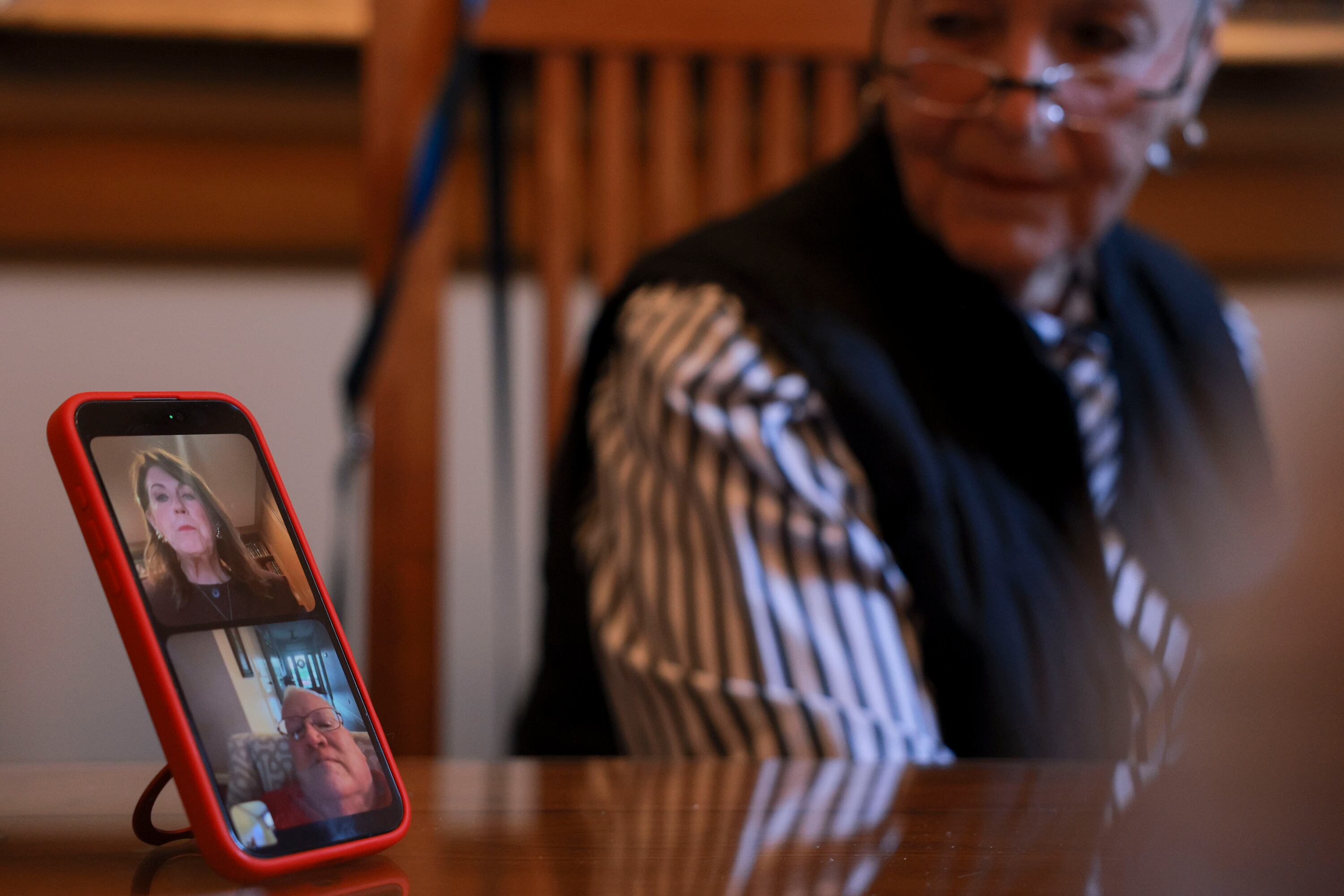 Former Jake Garn staffers Joanne Neumann, top, and Bob Weidner, bottom, call in from Washington, D.C., and Gettysburg, Pa., respectively, for a meeting of the “Jake Garn Legacy Team” at the Alta Club in Salt Lake City on Nov. 3. The team's goal is to keep alive all that the former Utah politician stood for and accomplished.