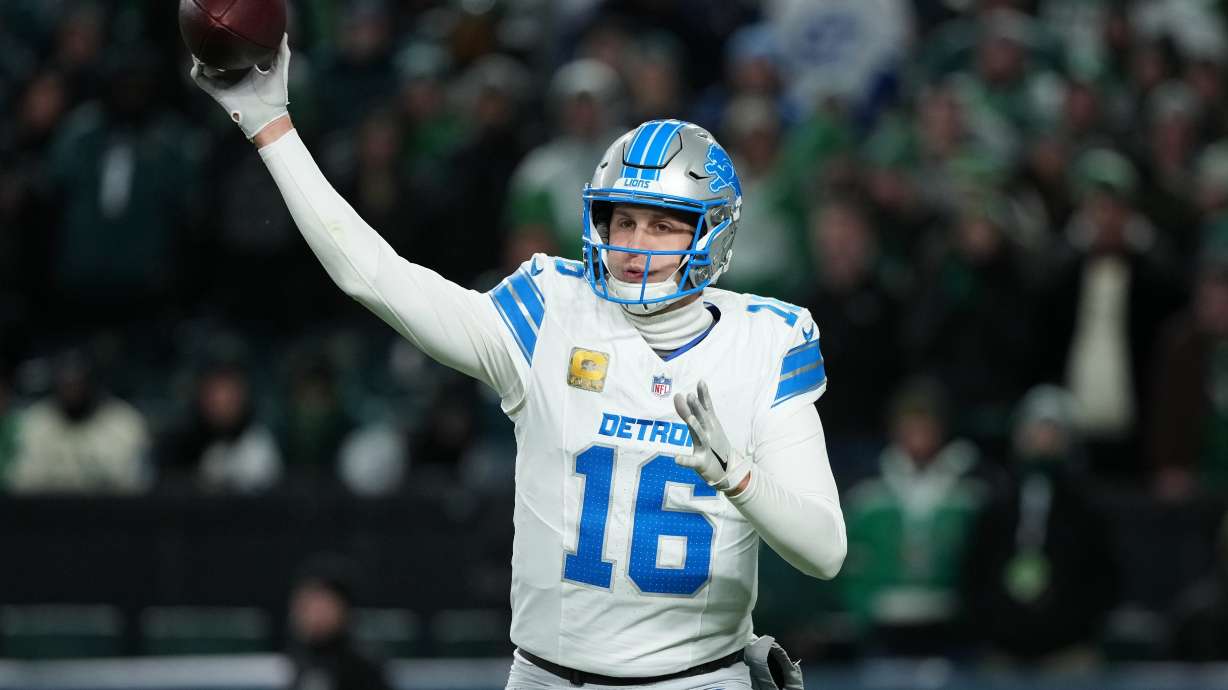 Detroit Lions quarterback Jared Goff throws during the second half of an NFL football game against the Philadelphia Eagles on Sunday, Nov. 16, 2025, in Philadelphia.